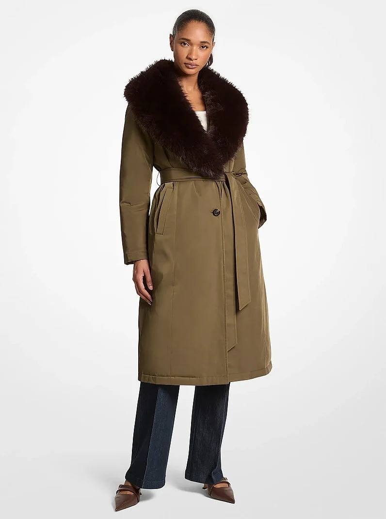 Faux Fur Collar Woven Belted Coat - 1