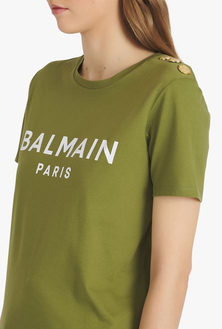 Khaki eco-designed cotton T-shirt with white Balmain logo print - 6