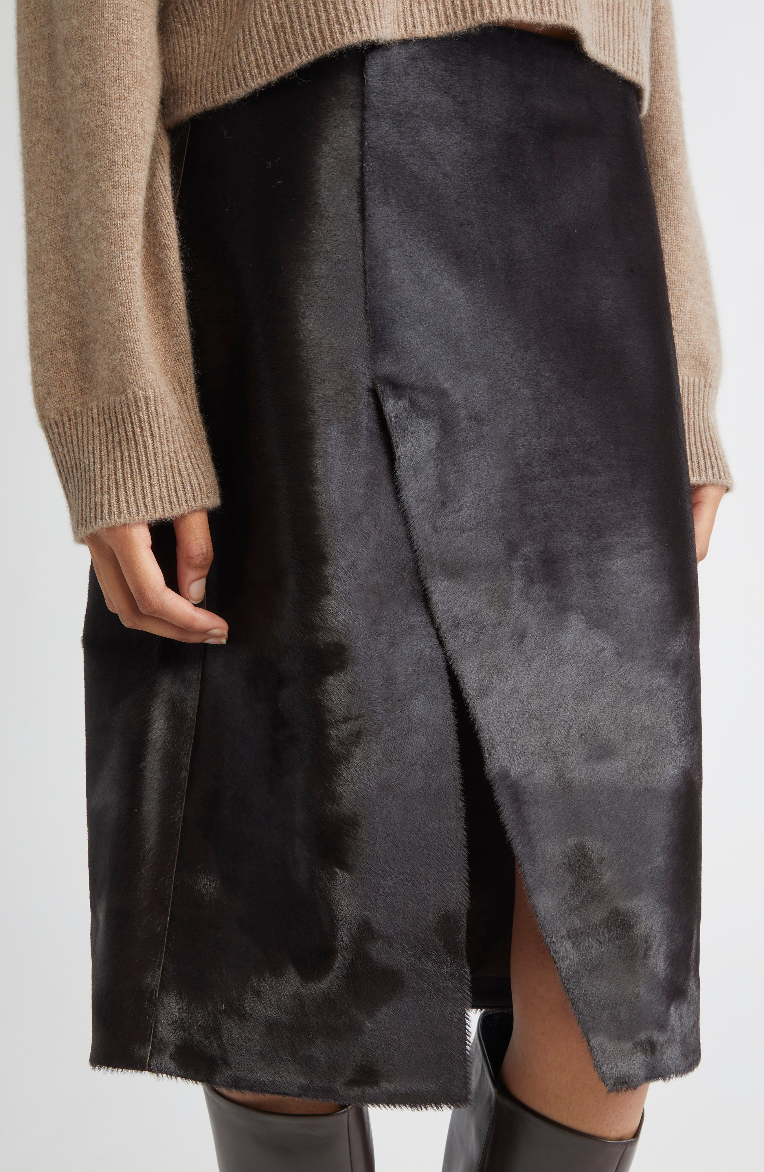 LOULOU DE SAISON Myra Asymmetric Genuine Calf Hair Midi Skirt in Coffee at Nordstrom - 5