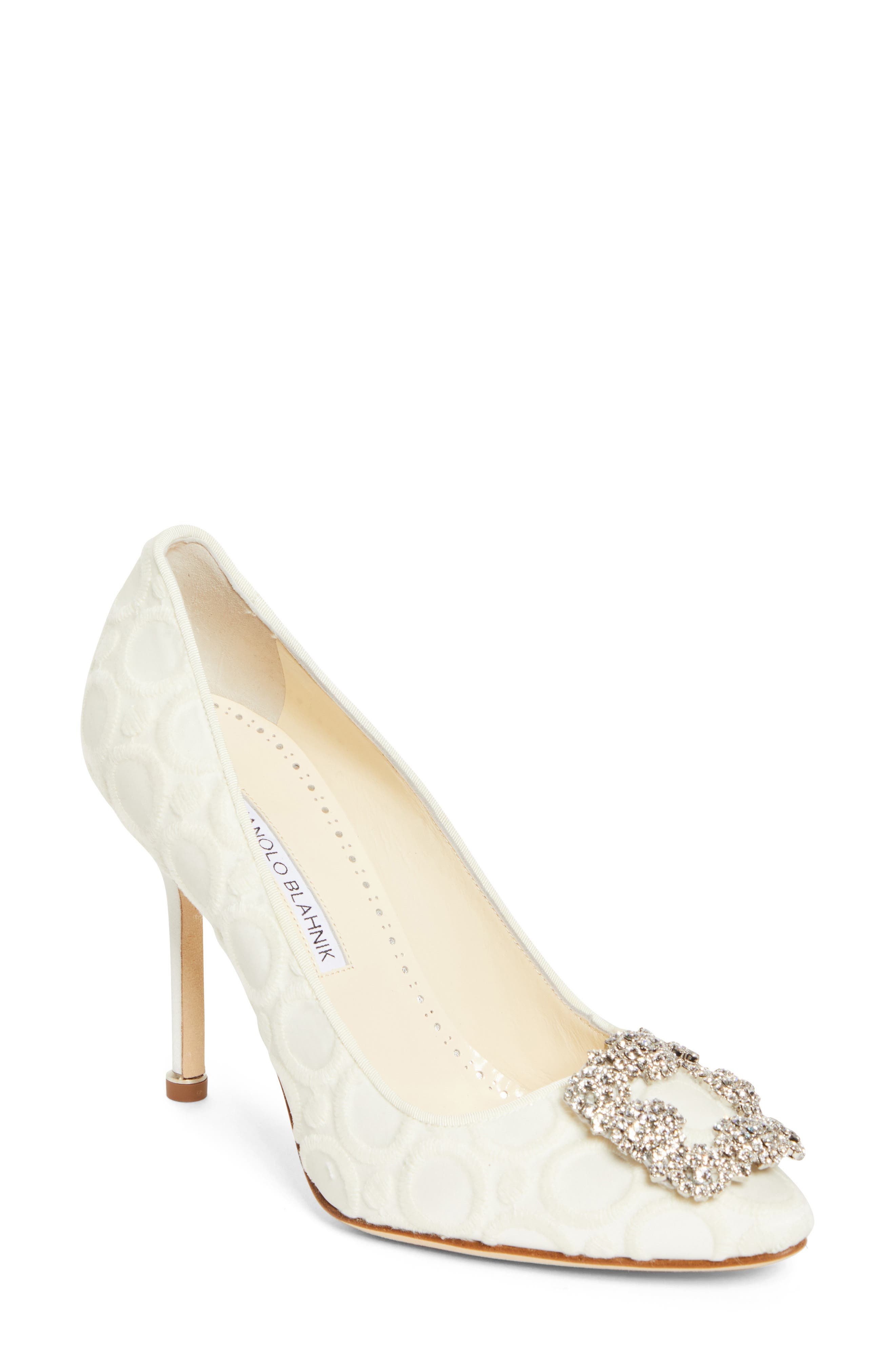 Manolo Blahnik Hangisi Crystal Buckle Pump in Light Cream at Nordstrom - 1