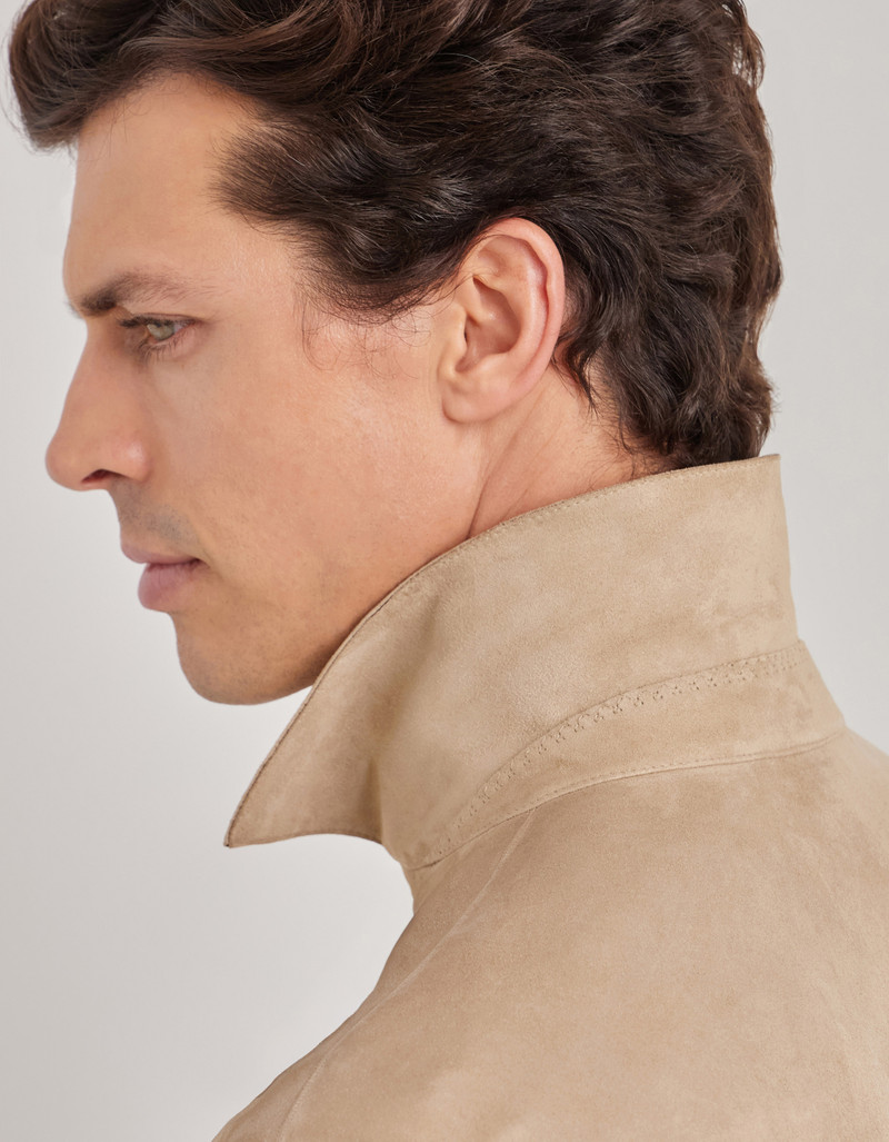 CARAMEL MIXED-MATERIAL ULTRALIGHT SUEDE BOMBER JACKET WITH KNIT INSERTS 130