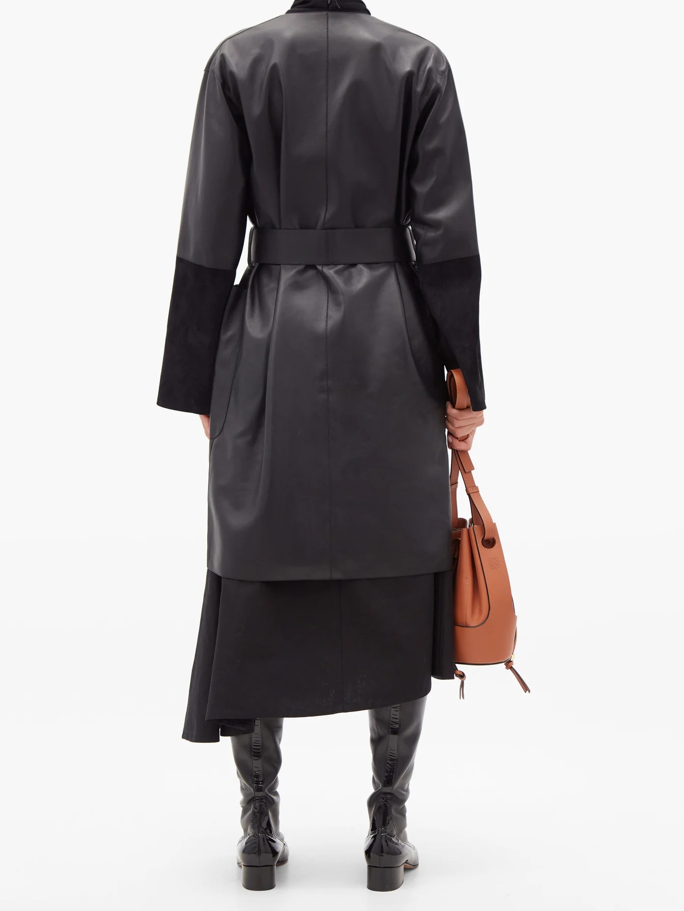 Suede-panelled leather wrap coat - 5