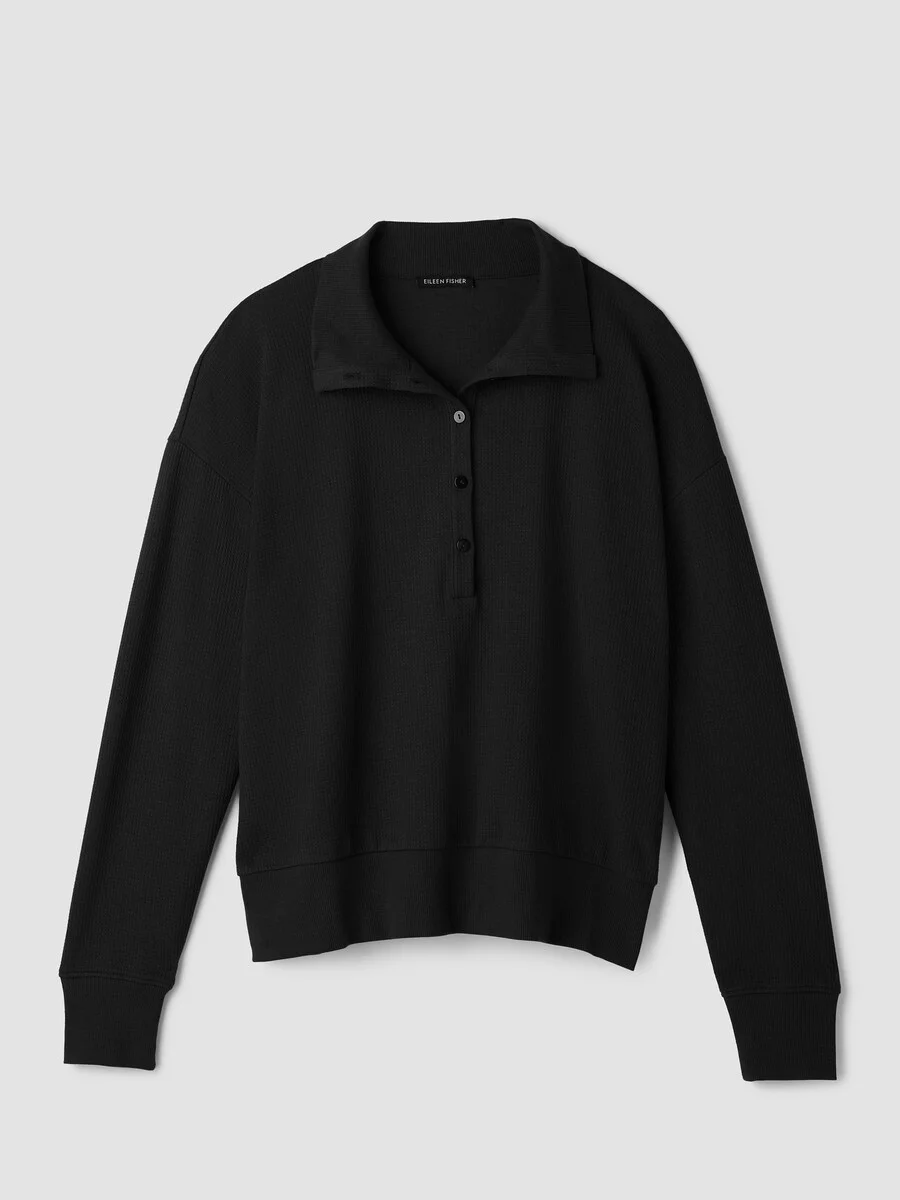 Waffle Cotton Blend Doubleknit High Collar Henley Top - 1