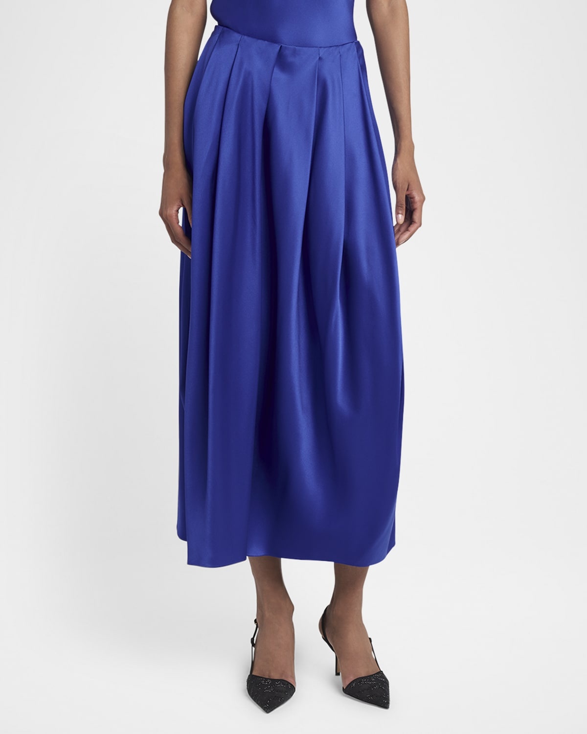 Double Silk Satin Pleated Midi Skirt - 3