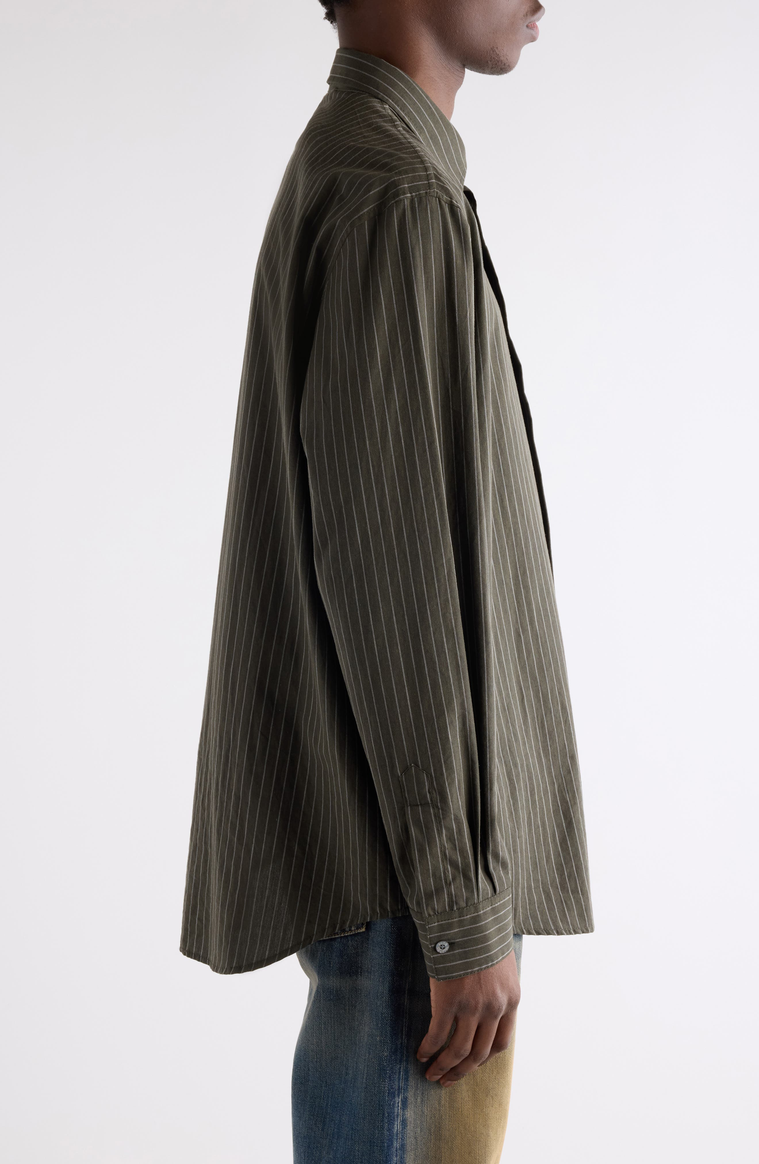 Acne Studios Sarow Stripe Poplin Button-Up Shirt in Green Melange at Nordstrom - 4