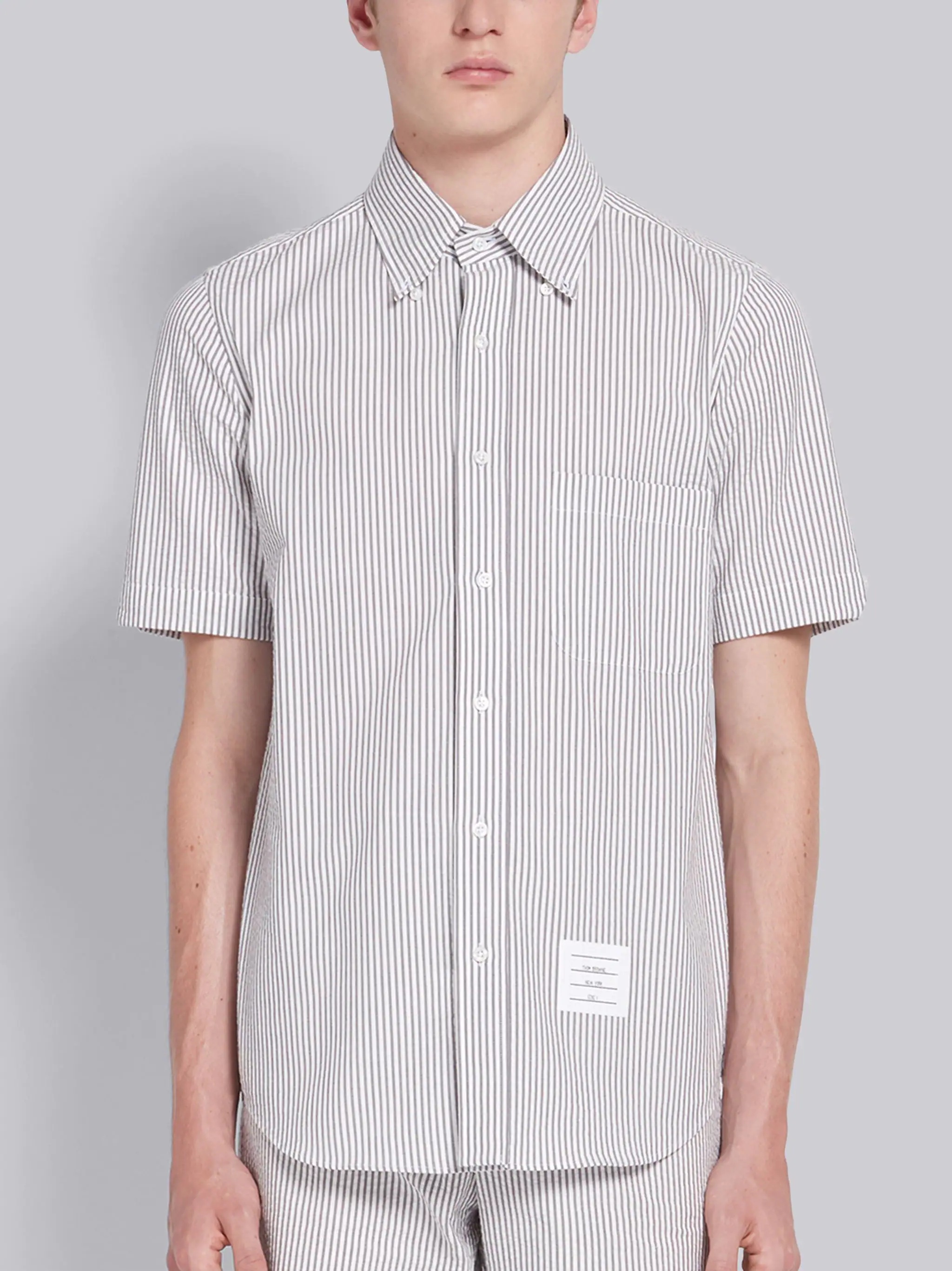 Medium Grey Seersucker Stripe Short Sleeve Shirt - 3