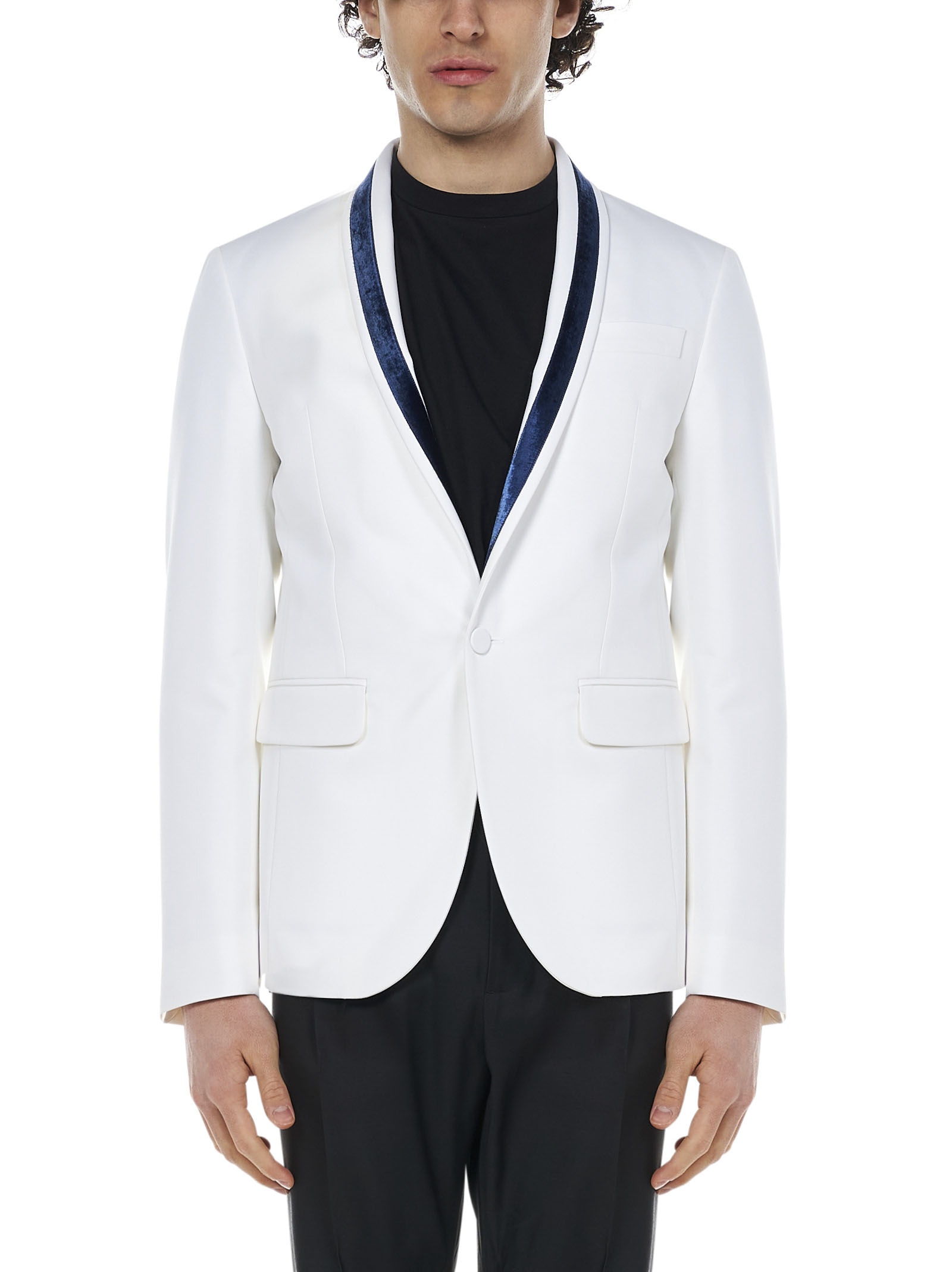 Tokyo suit with black tailored trousers and single-breasted blazer in white crêpe with blue velvet i - 2