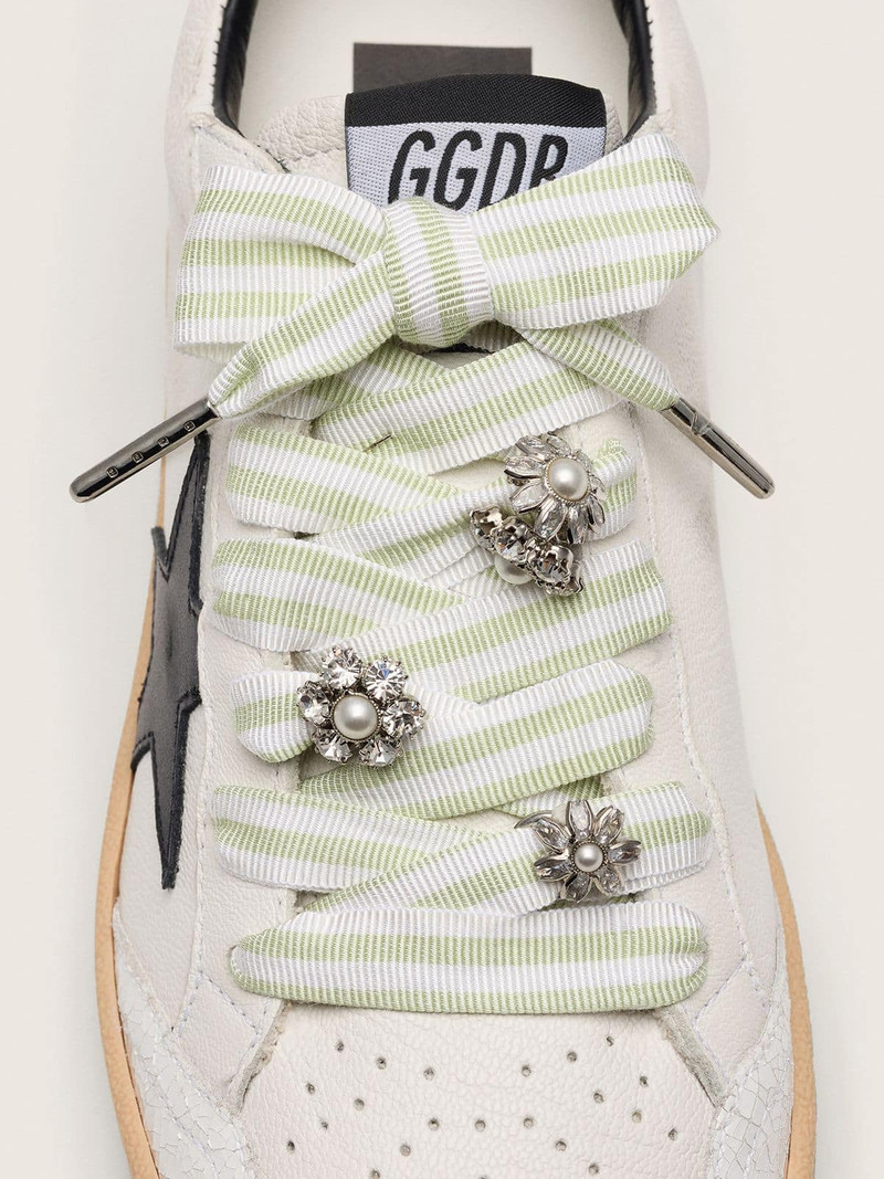 Golden Goose Skins green and white striped laces with jewel charms outlook
