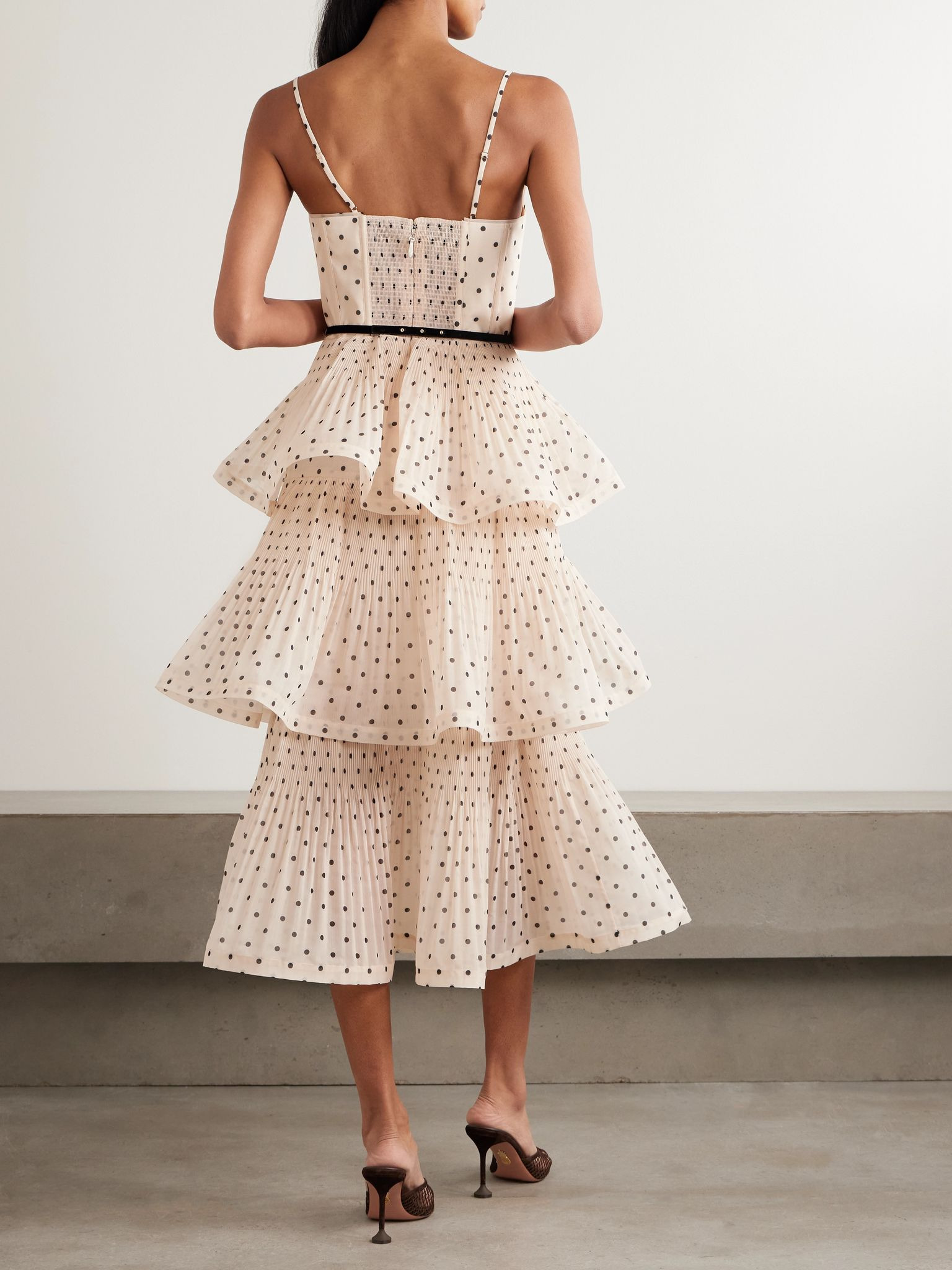 Pleated tiered polka-dot organza midi dress Cream - 3