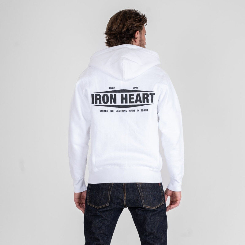 Iron Heart IHSW-76L-WHT Printed 14oz Ultra Heavyweight Loopwheel Cotton Zippered Hoodie - White outlook