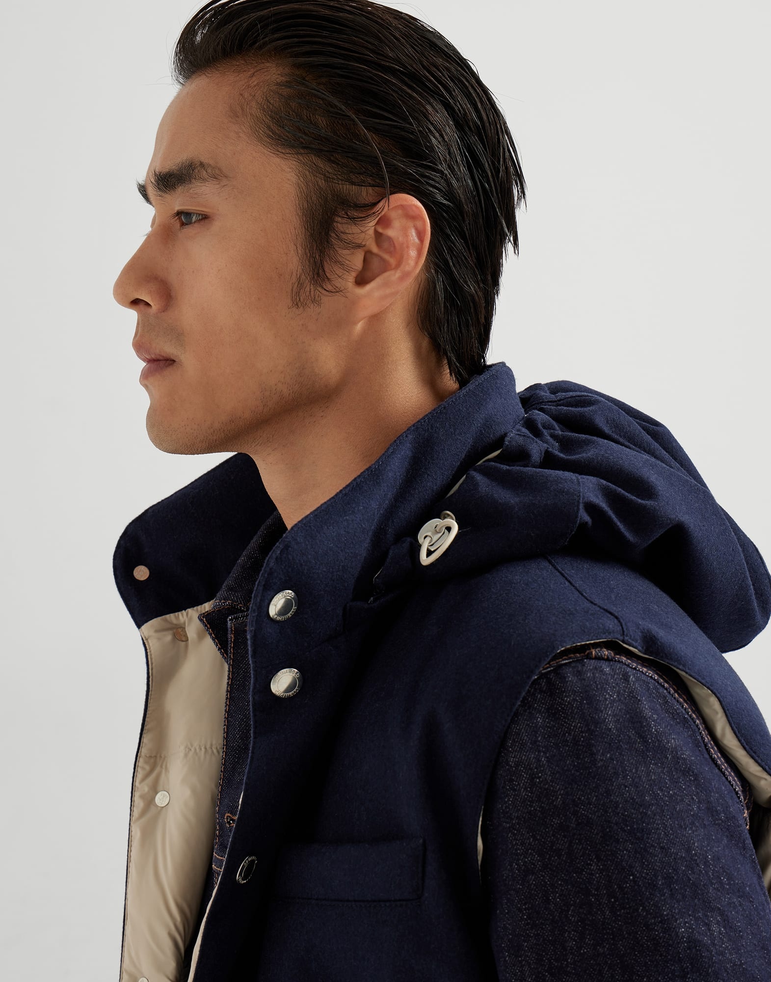Bonded wool beaver cloth down vest with detachable hood - 3