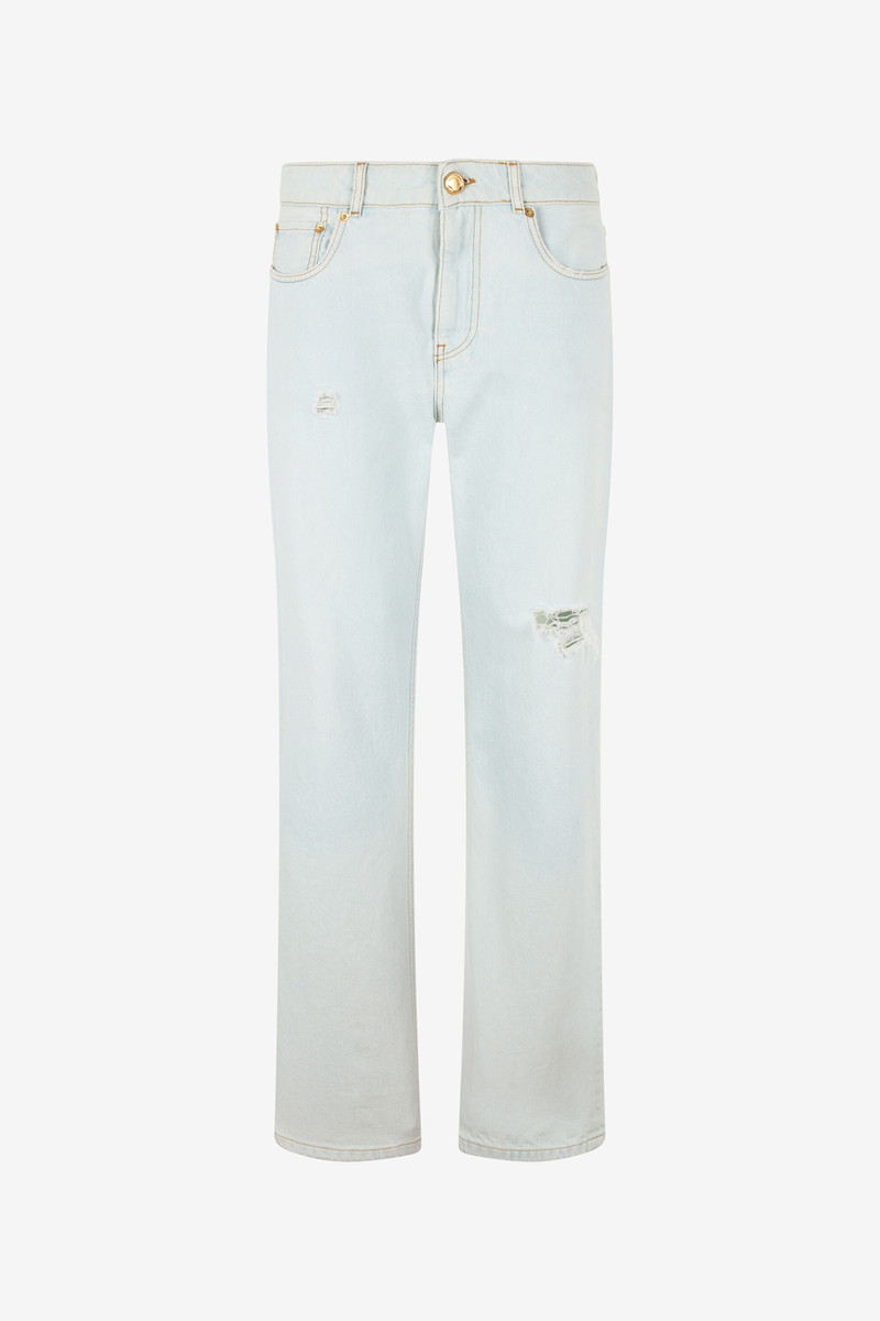 Light-Wash Denim Jeans with Distressed Details 1