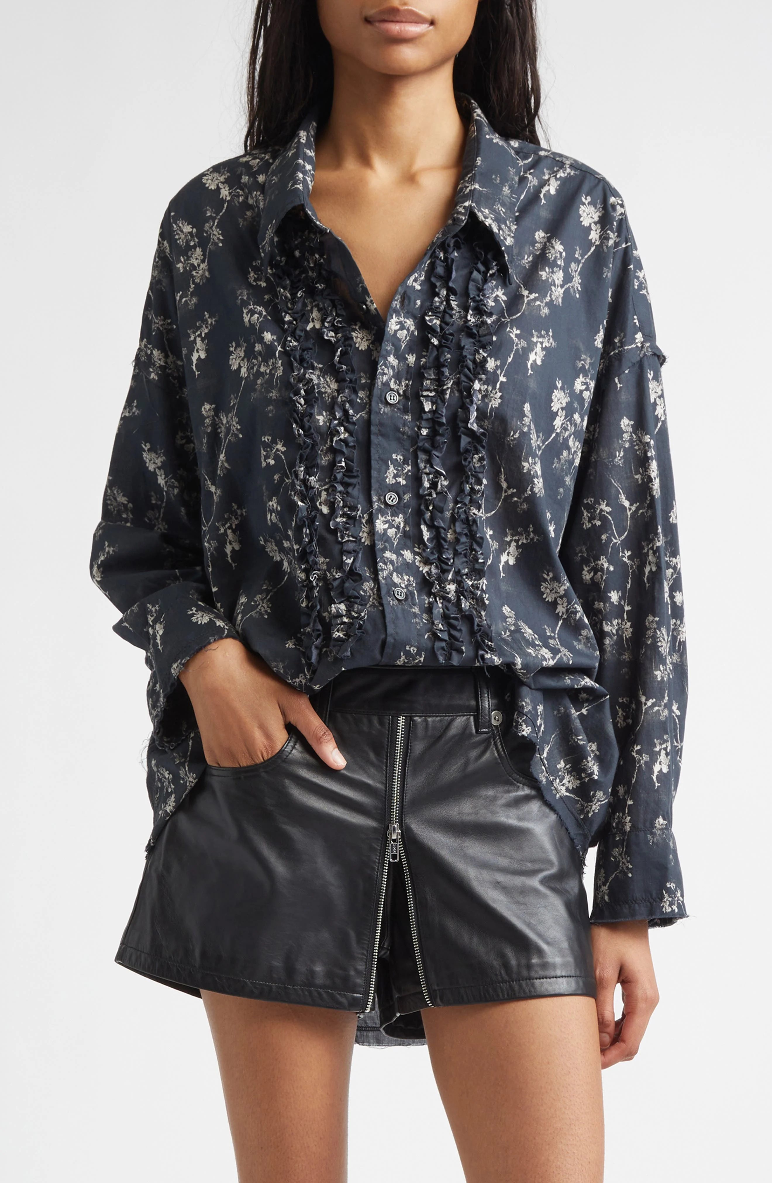 R13 Floral Print Ruffle Cotton Button-Up Shirt in Floral On Black at Nordstrom - 1