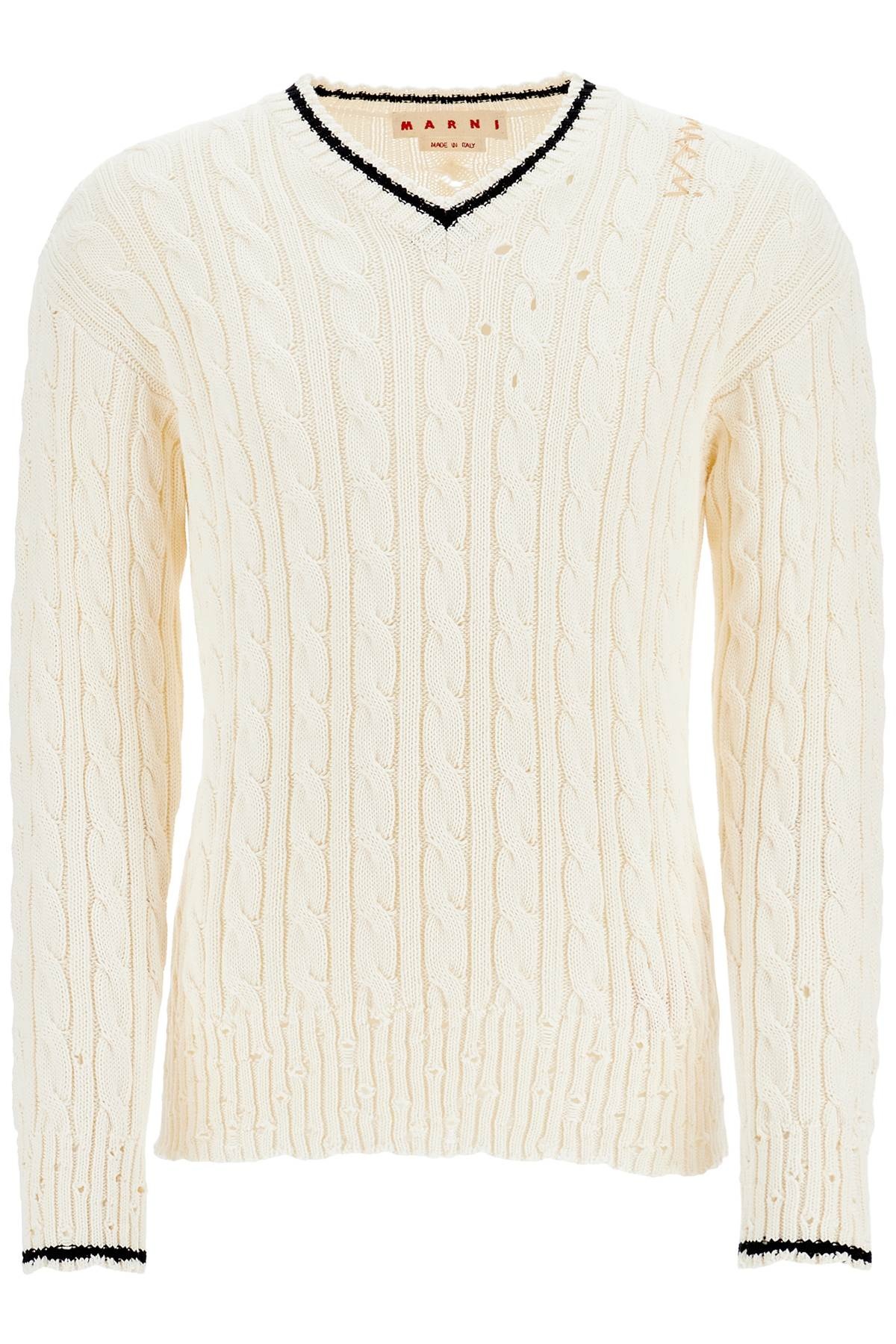 Marni white cotton sweater with cable knit v-neck - 1