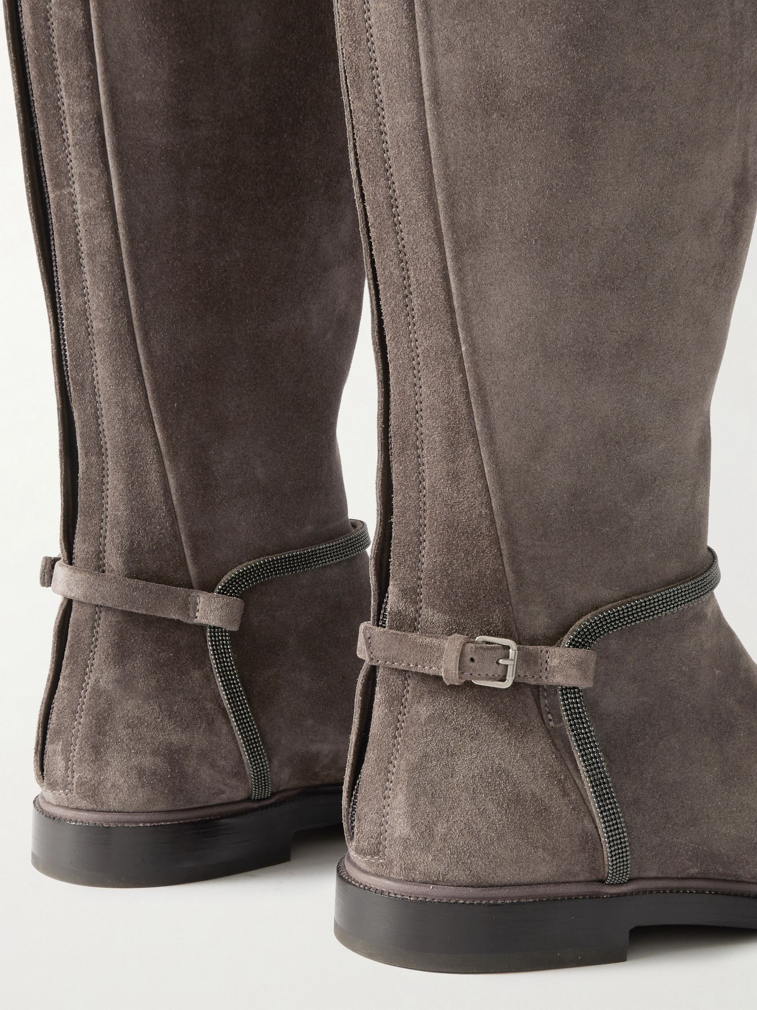 Buckled bead-embellished suede knee boots Brown - 4