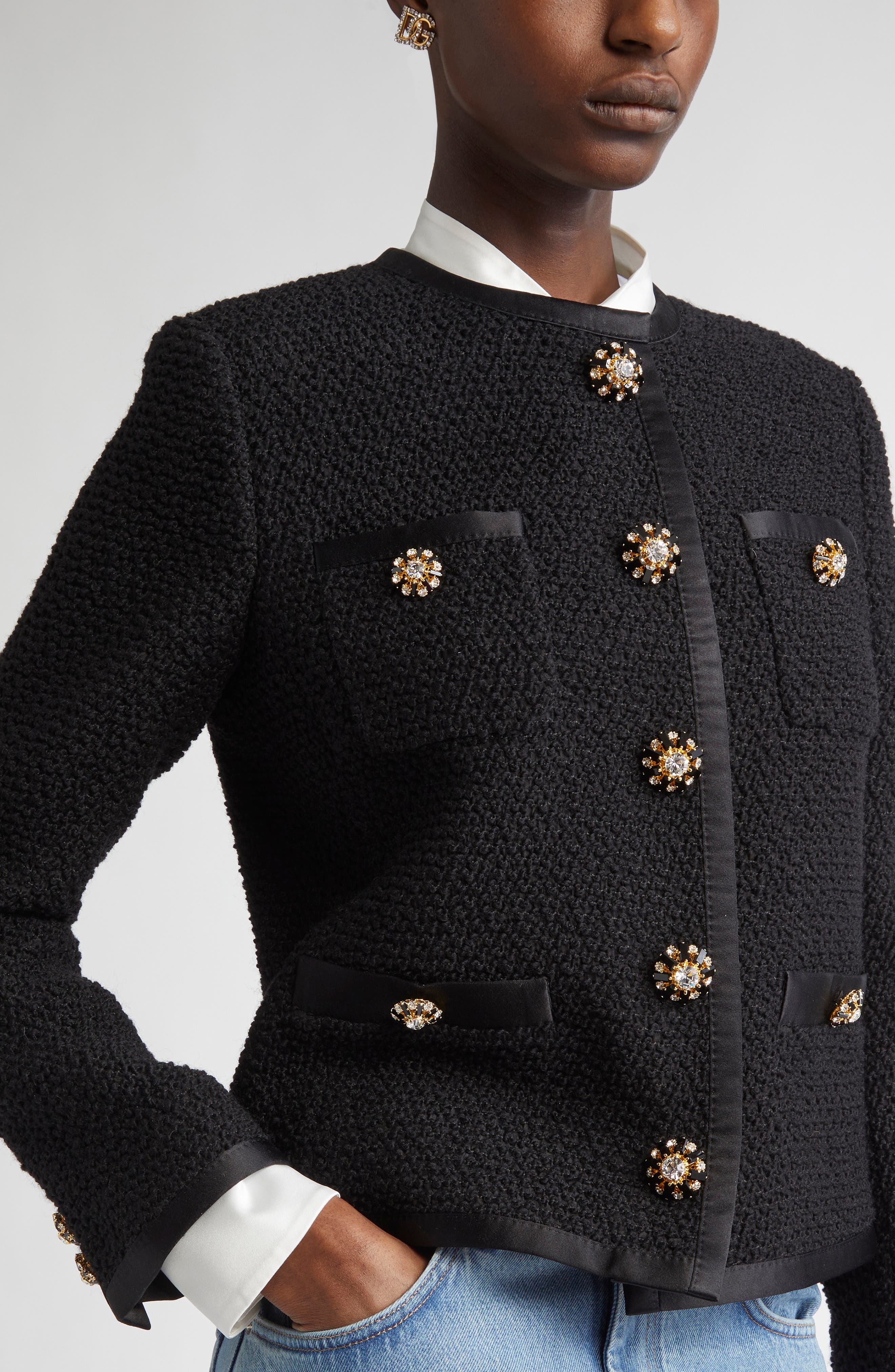Dolce&Gabbana Bejeweled Button Crop Bouclé Tweed Jacket in Nero at Nordstrom - 3