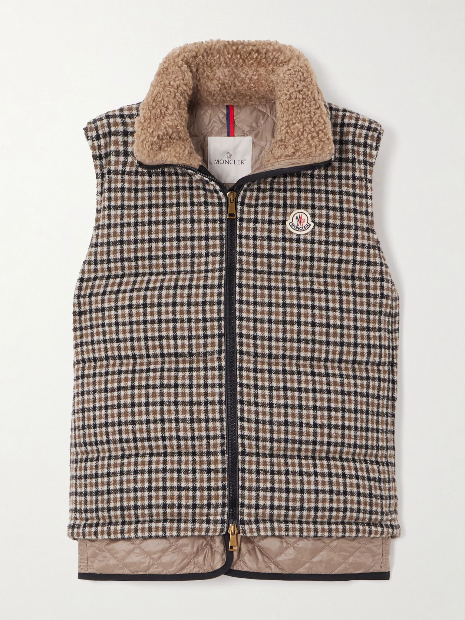Touvet appliquéd layered quilted checked wool-blend tweed down vest Taupe - 1