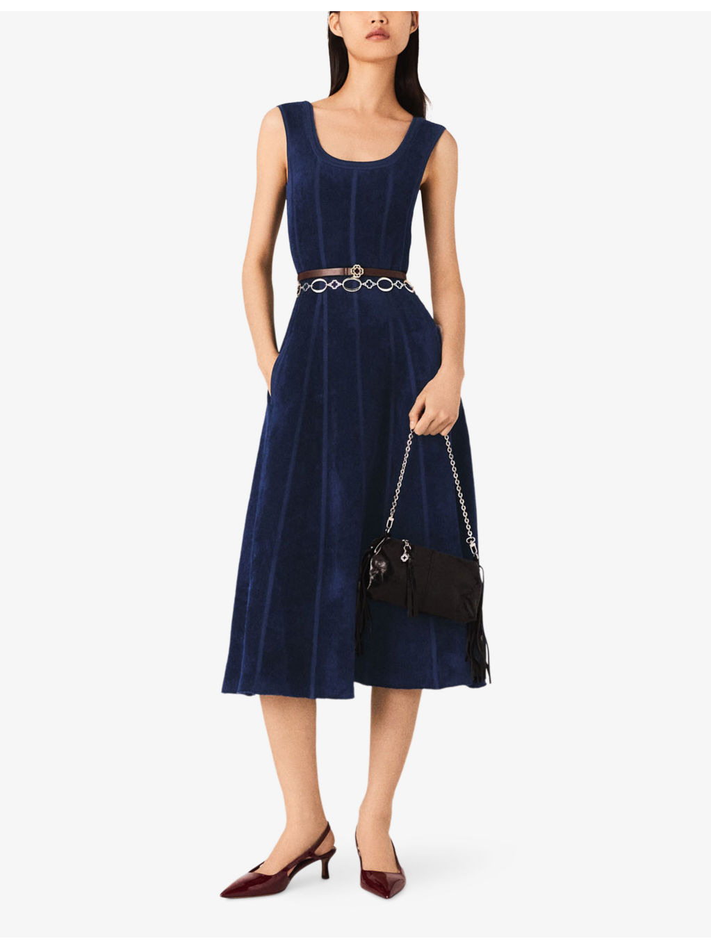 Round-Neck Flared-Skirt Stretch-Velvet Midi Dress - 2