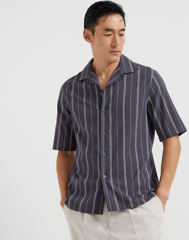 Textured stripe seersucker easy fit short sleeve shirt with camp collar 1