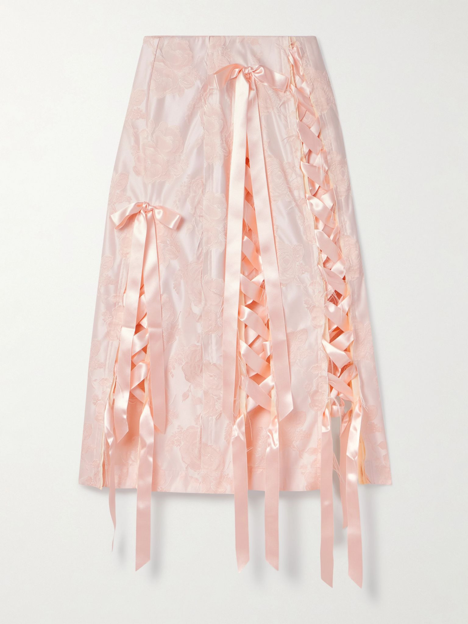 Unraveling Ribbon lace-up frayed brocade midi skirt Blush - 1