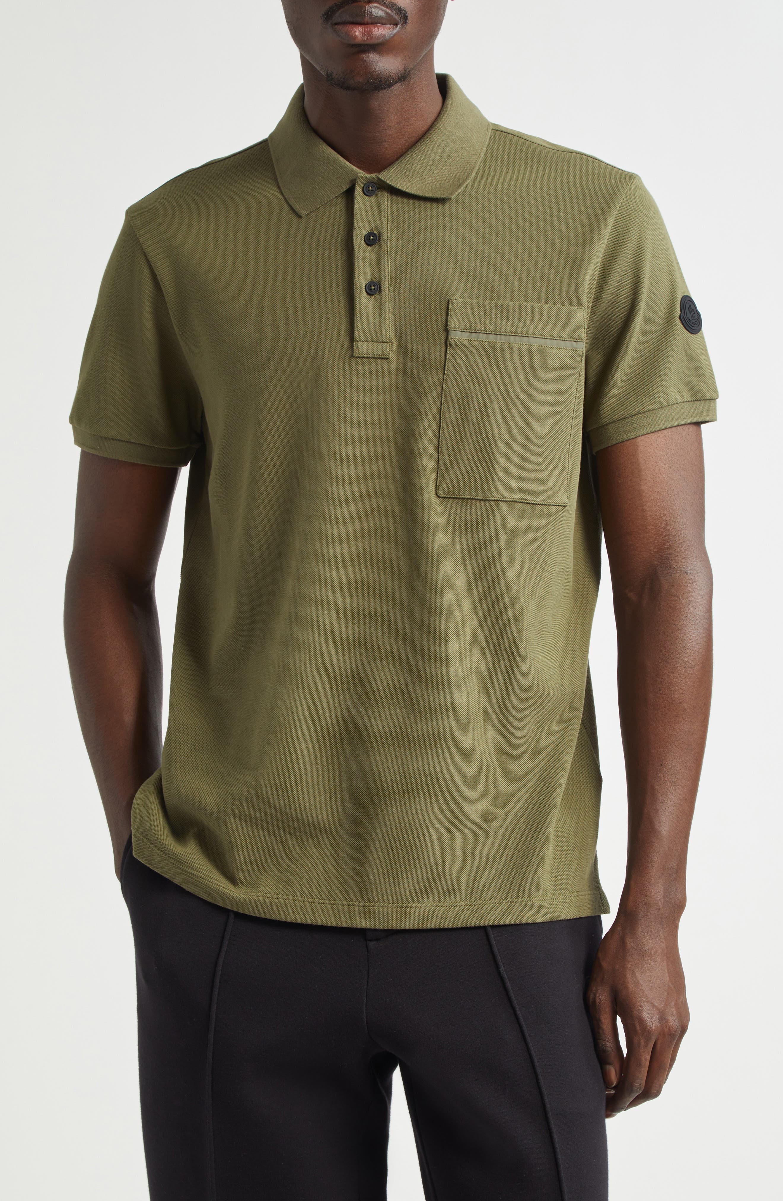 Moncler Logo Patch Cotton Piqué Polo in Smokey Olive at Nordstrom - 1