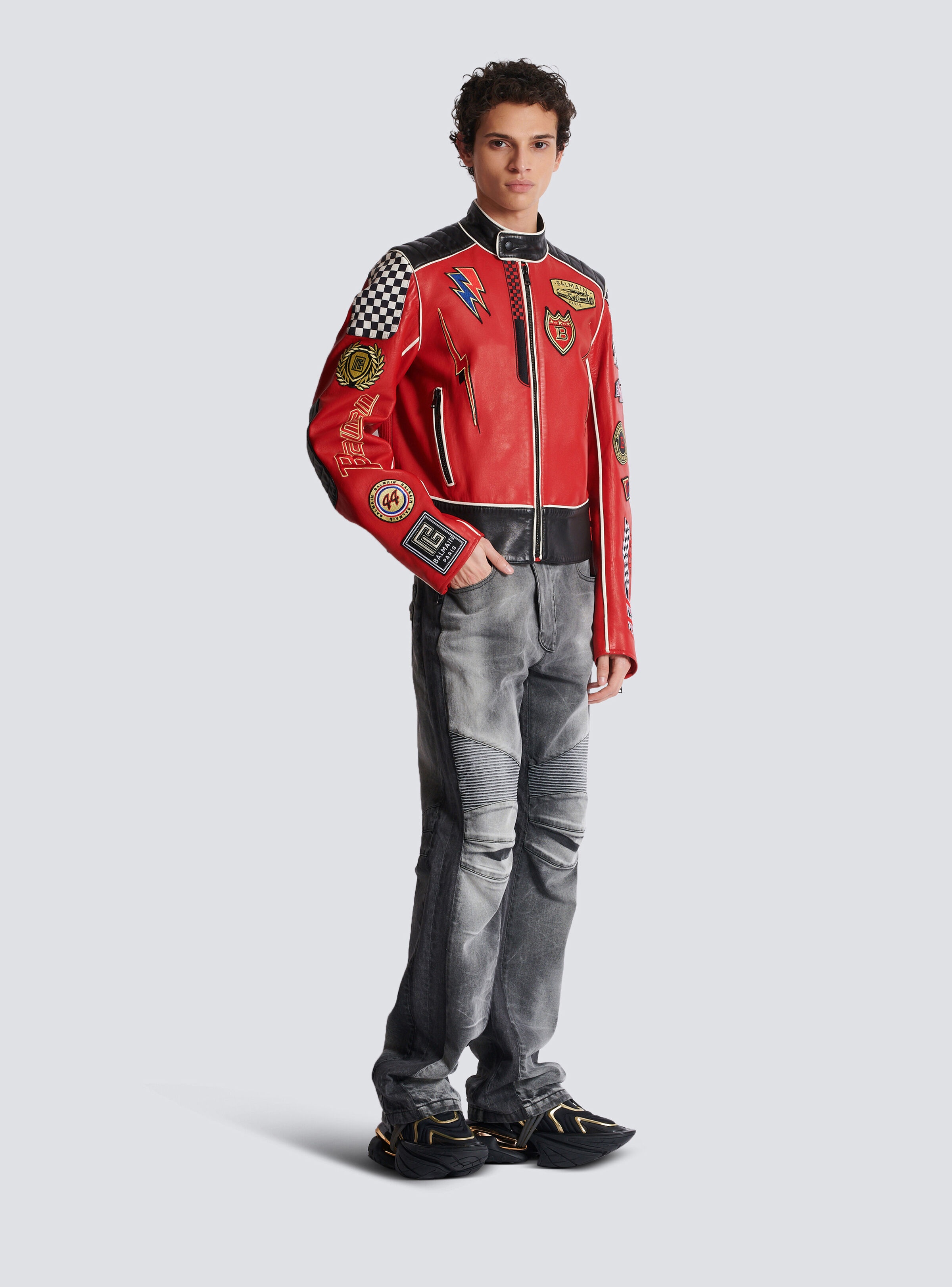 Lambskin jacket with Balmain Racing patches - 3