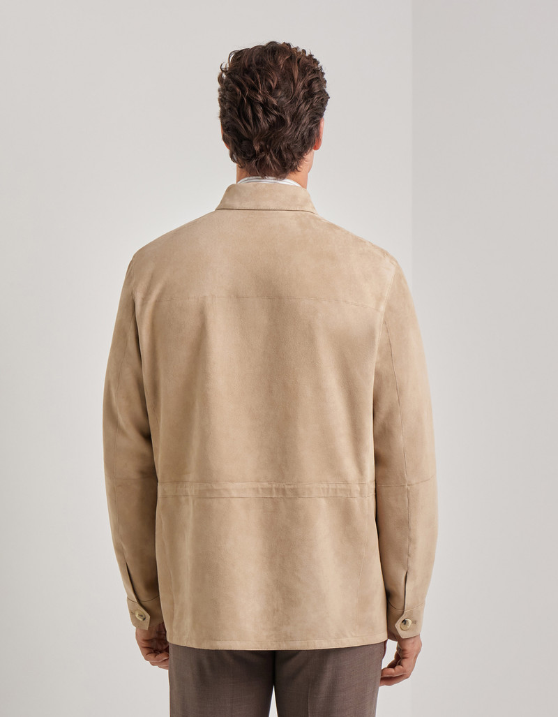 CARAMEL MIXED-MATERIAL ULTRALIGHT SUEDE BOMBER JACKET WITH KNIT INSERTS 128