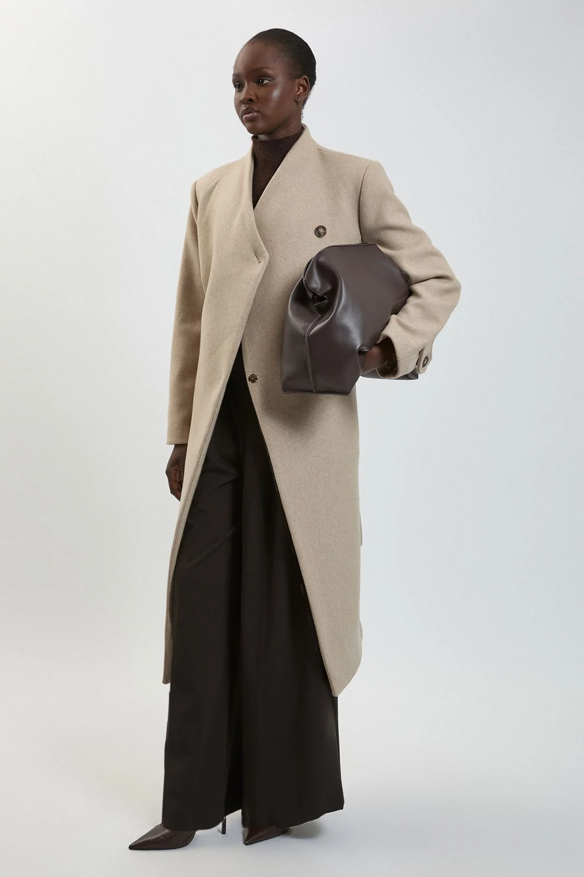 Petite Wool Wrap Neck Tailored Belted Midi Coat - 1