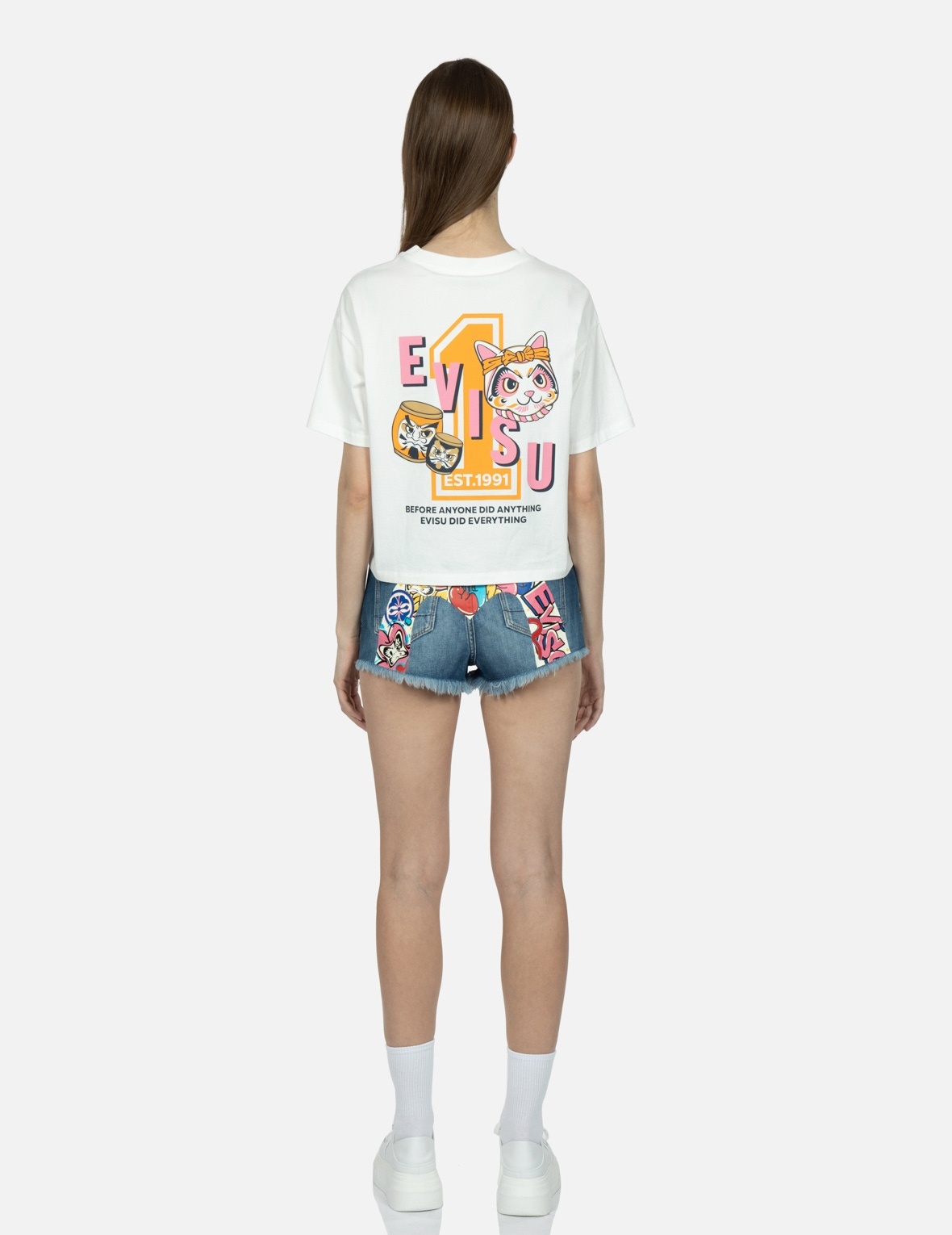 GRAFFITI DARUMA DAICOCK PRINT DENIM SHORTS - 5