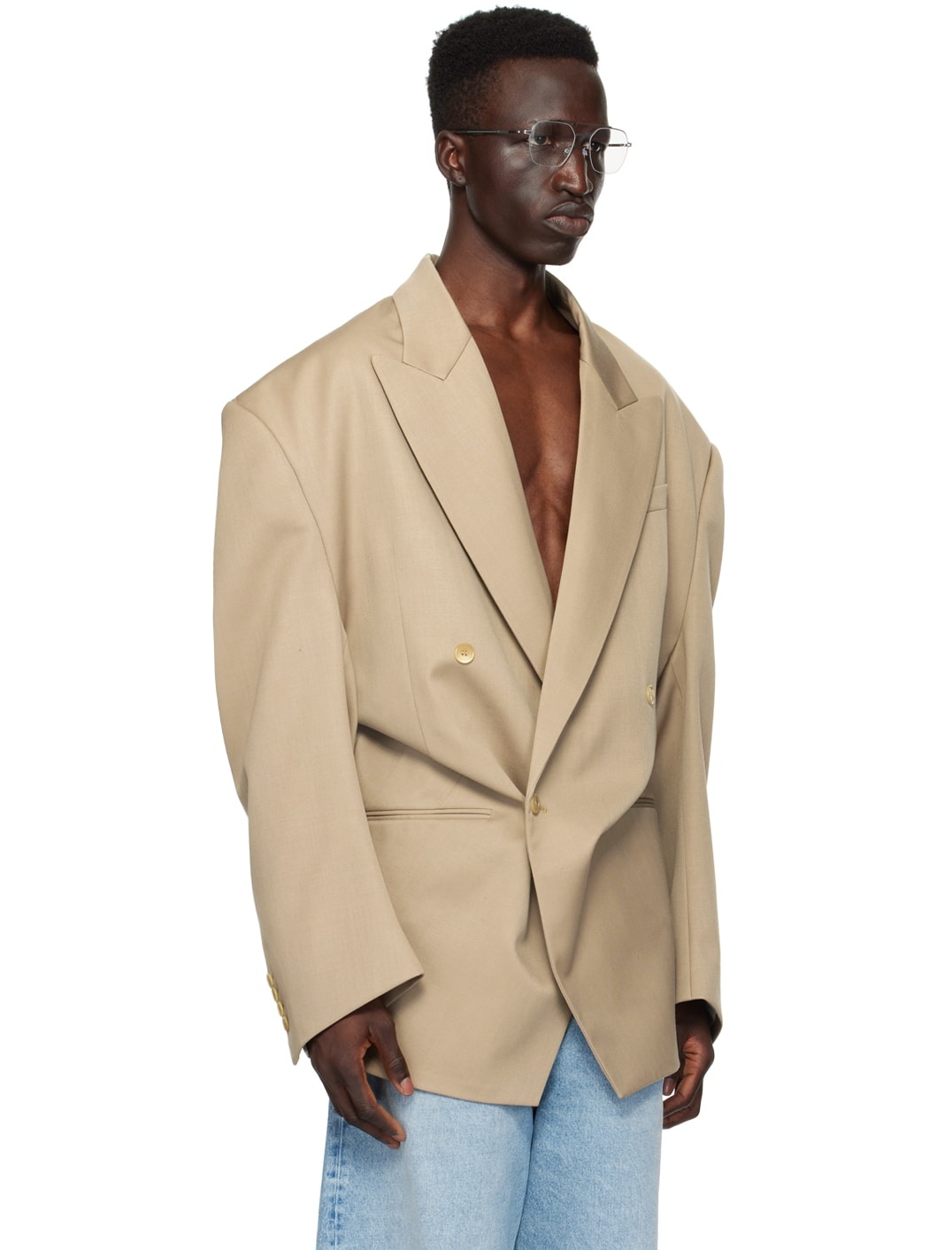 Beige Peaked Lapel Blazer - 4