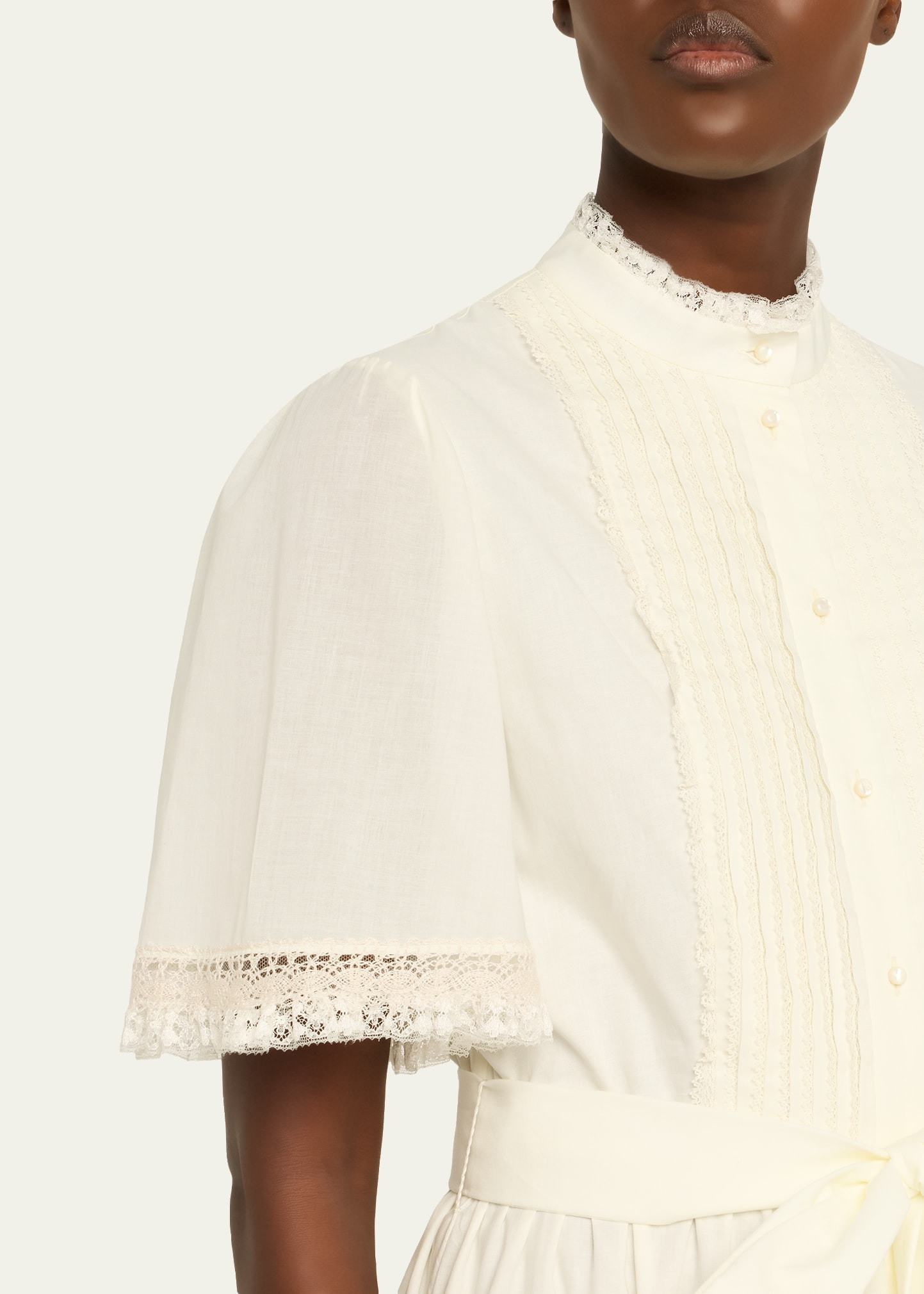 Short-Sleeve Belted Lace-Trim Shirtdress - 5