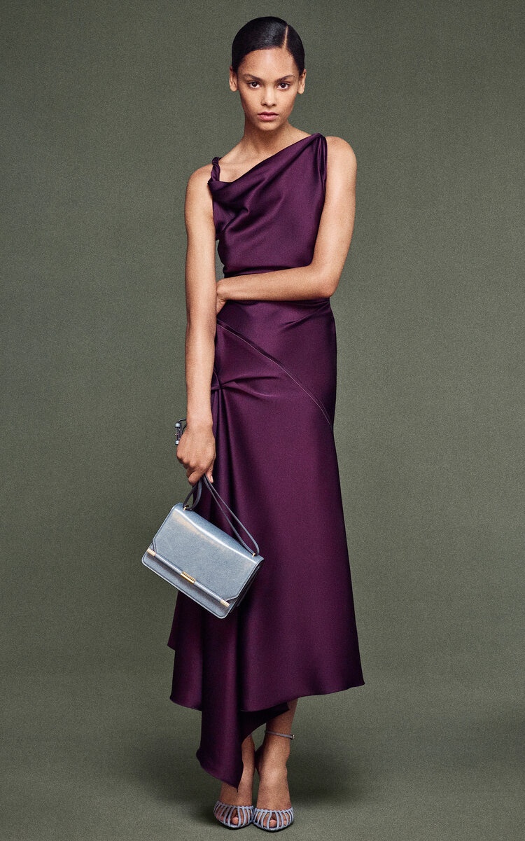 Asymmetric Draped Satin Midi Dress berry - 2