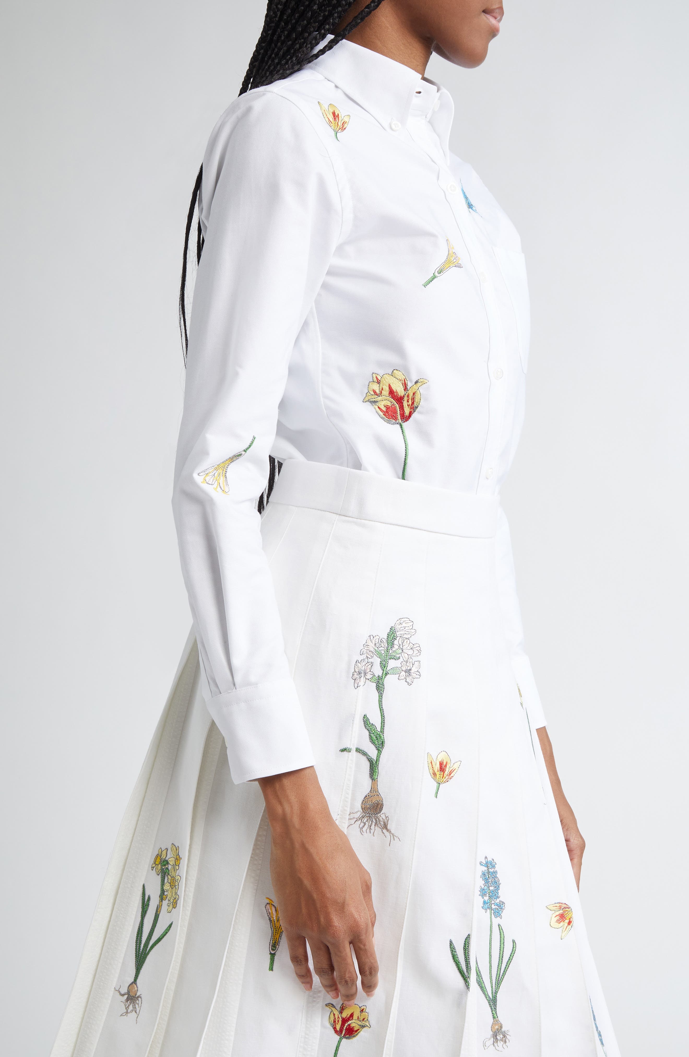 Thom Browne Floral Embroidered Cotton Button-Down Shirt in White at Nordstrom - 4
