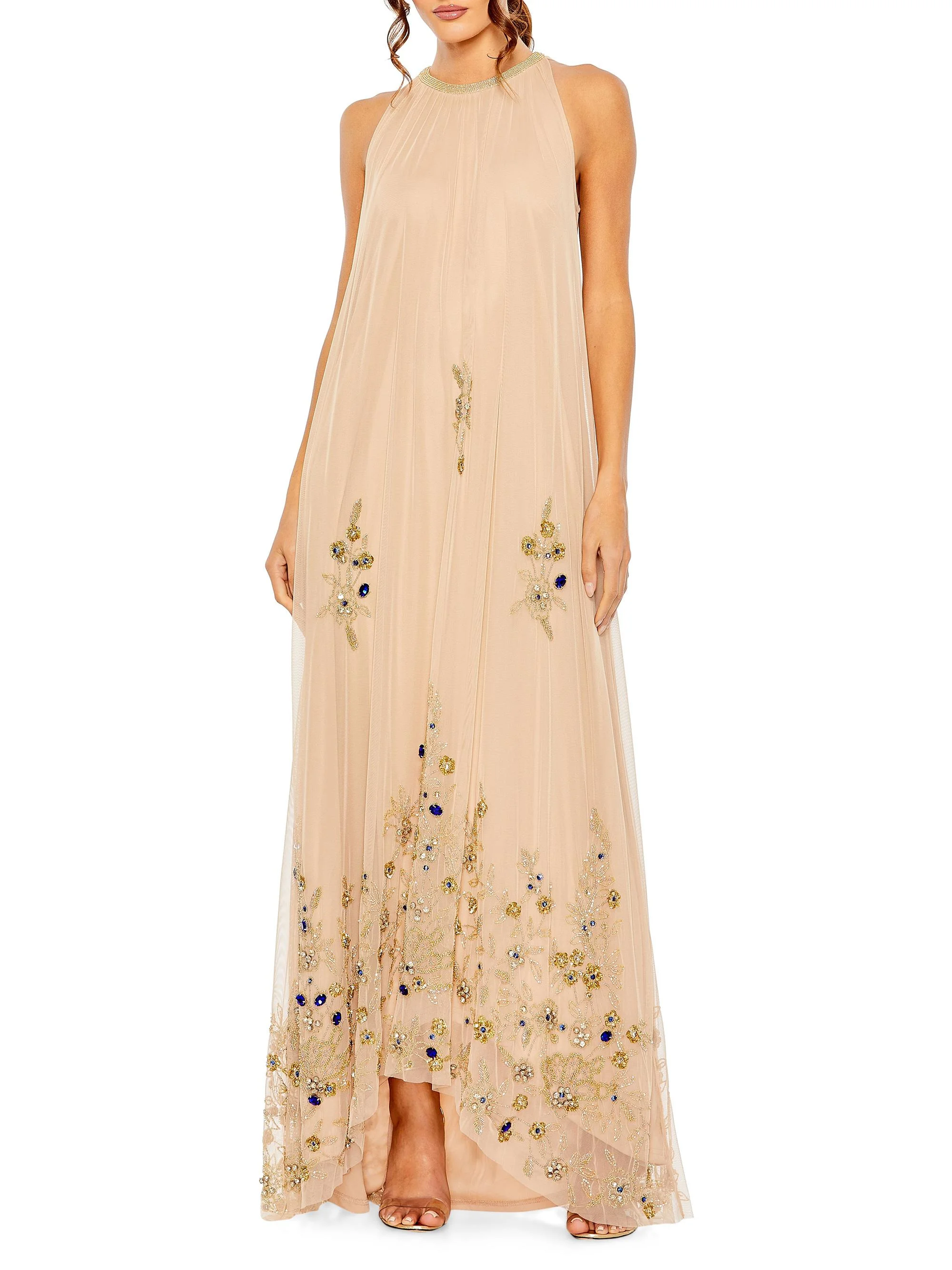 Women's Embellished Tulle Trapeze Gown - Beige Gold - 1