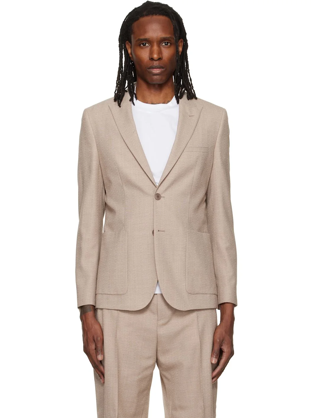 Beige Peaked Lapel Blazer - 1