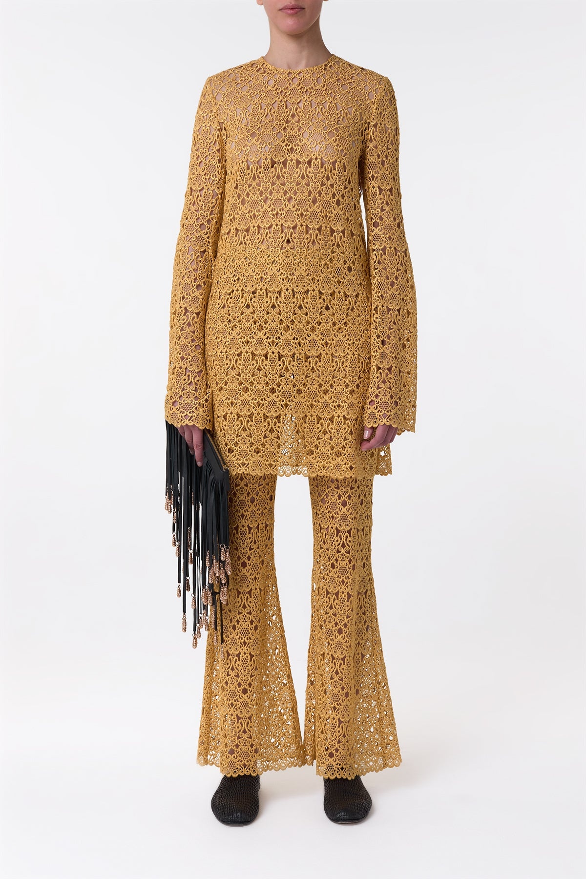 Archie Mini Dress with Lining in Gold Silk Macrame Lace - 3