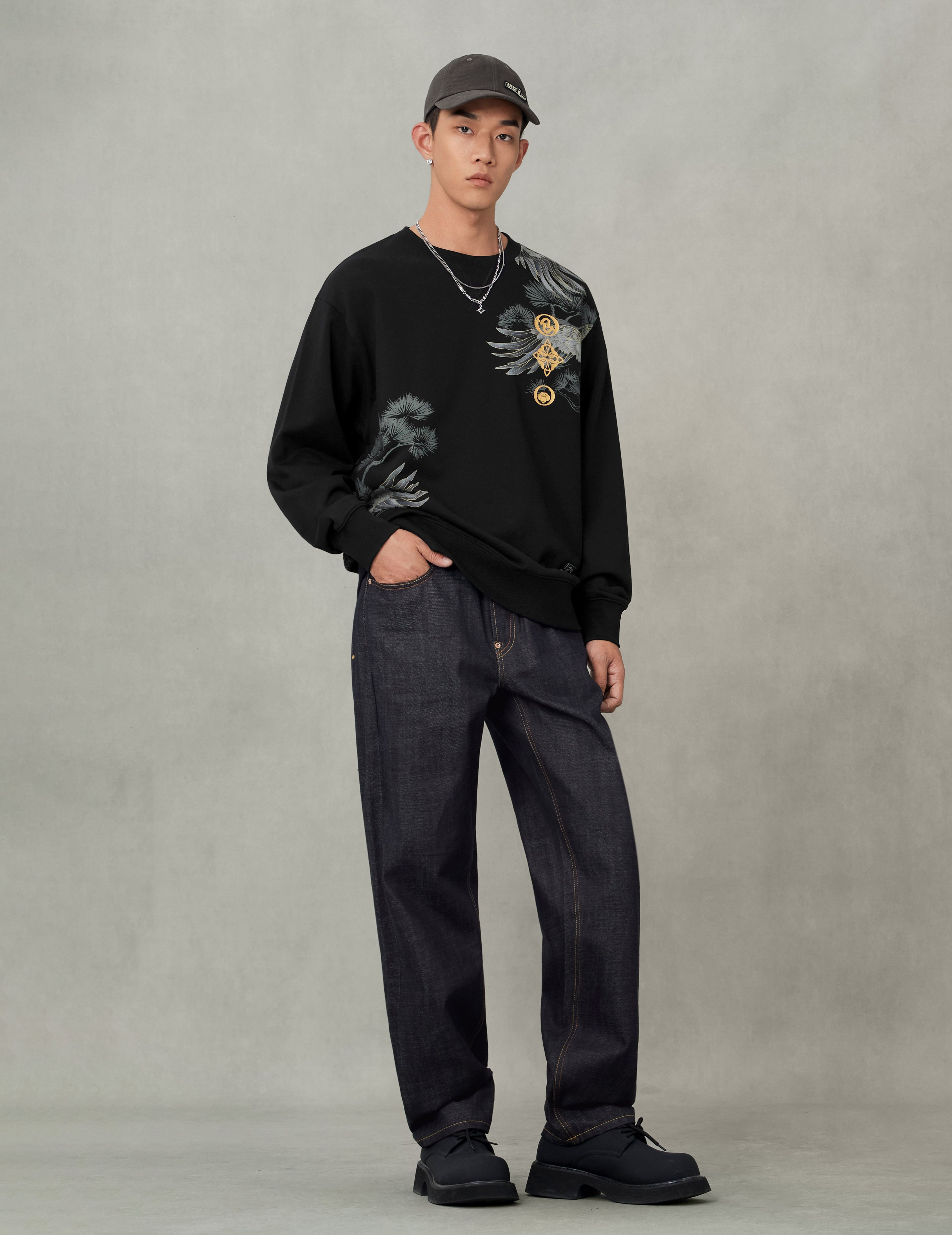 Handbrush Daicock Print with Wave Embroidery  Relax Fit Jeans - 5