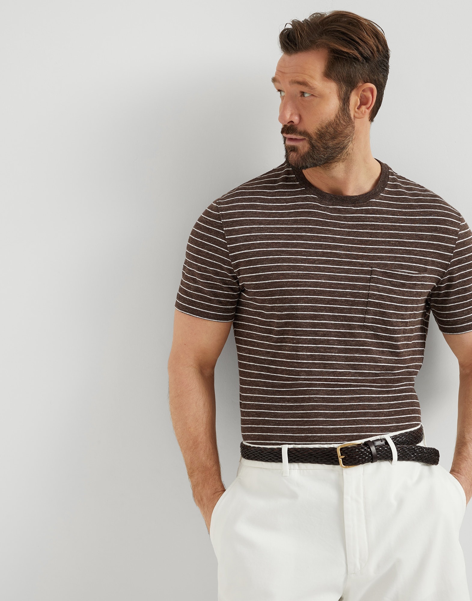 Striped linen stretch jersey crew neck T-shirt with chest pocket - 4