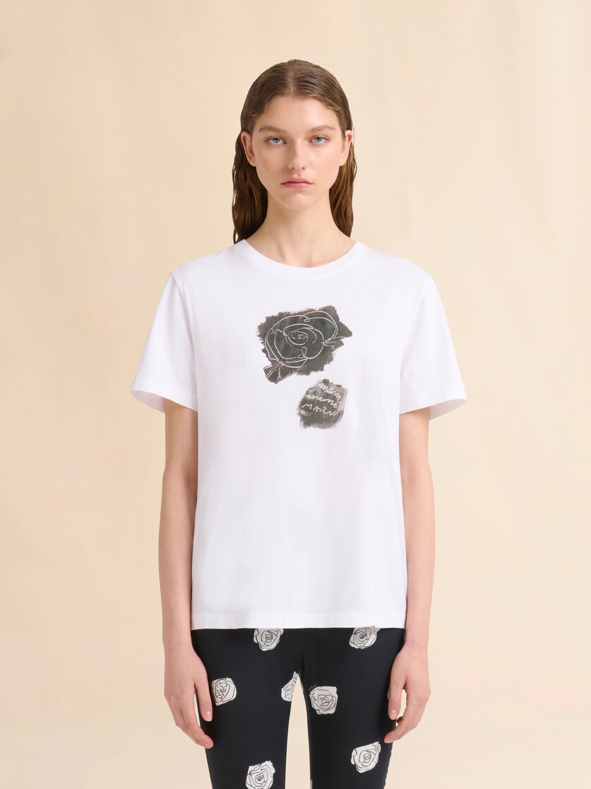 WHITE COTTON T-SHIRT WITH SCRAPED ROSE PRINT - 2