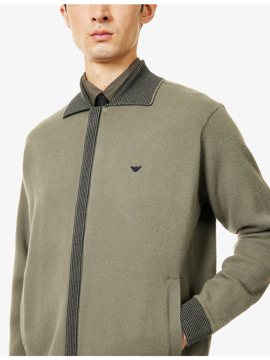 Embroidered-Logo Striped-Trims Wool Blend Cardigan - 5