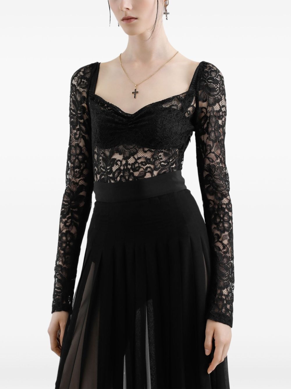 floral-lace sweetheart-neck top - 4