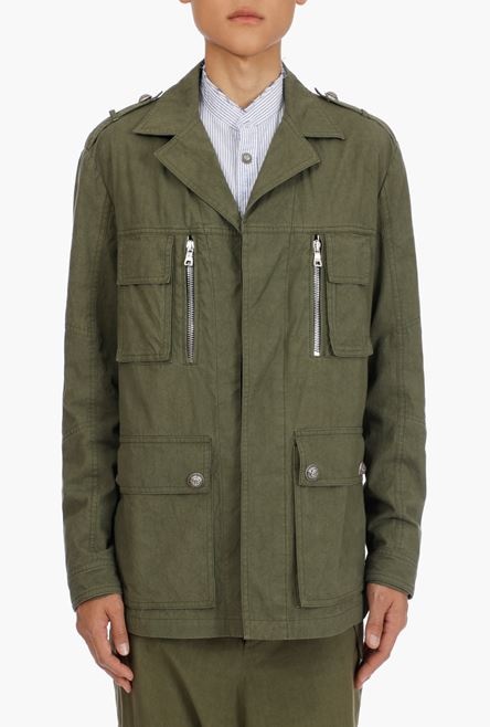 Khaki cotton jacket with embossed Balmain logo - 8