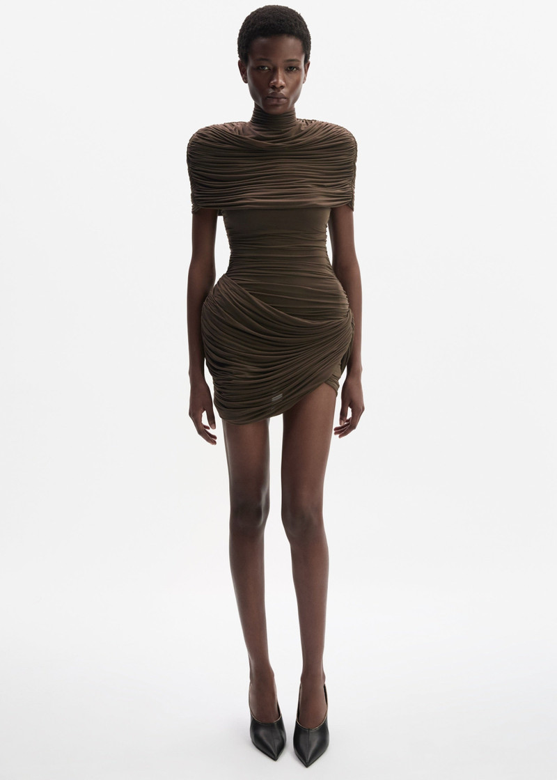 MAGDA BUTRYM High-neck draped mini dress with cape detail in brown outlook