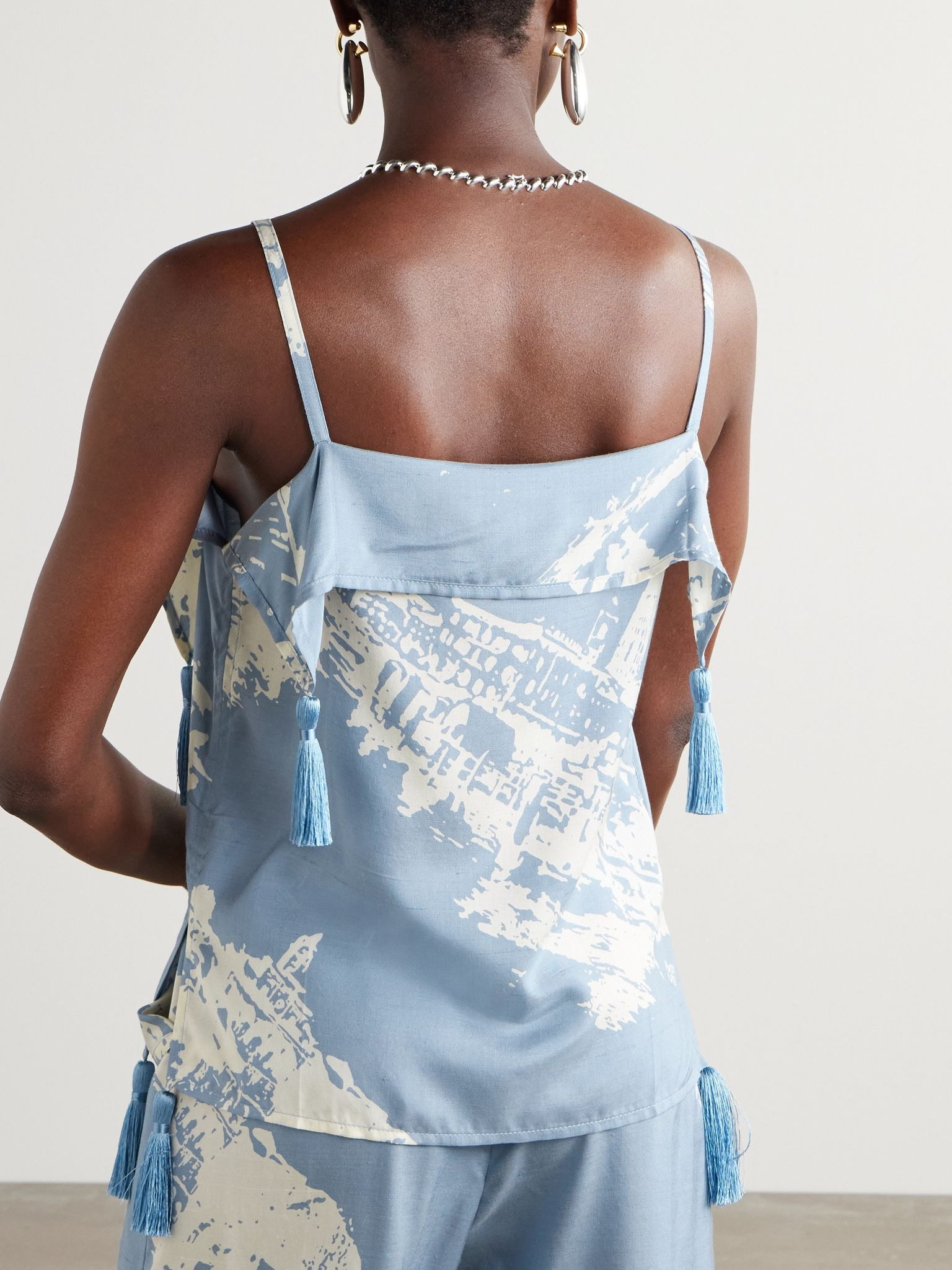 Tasseled printed silk and cotton-blend shantung tank Blue - 3
