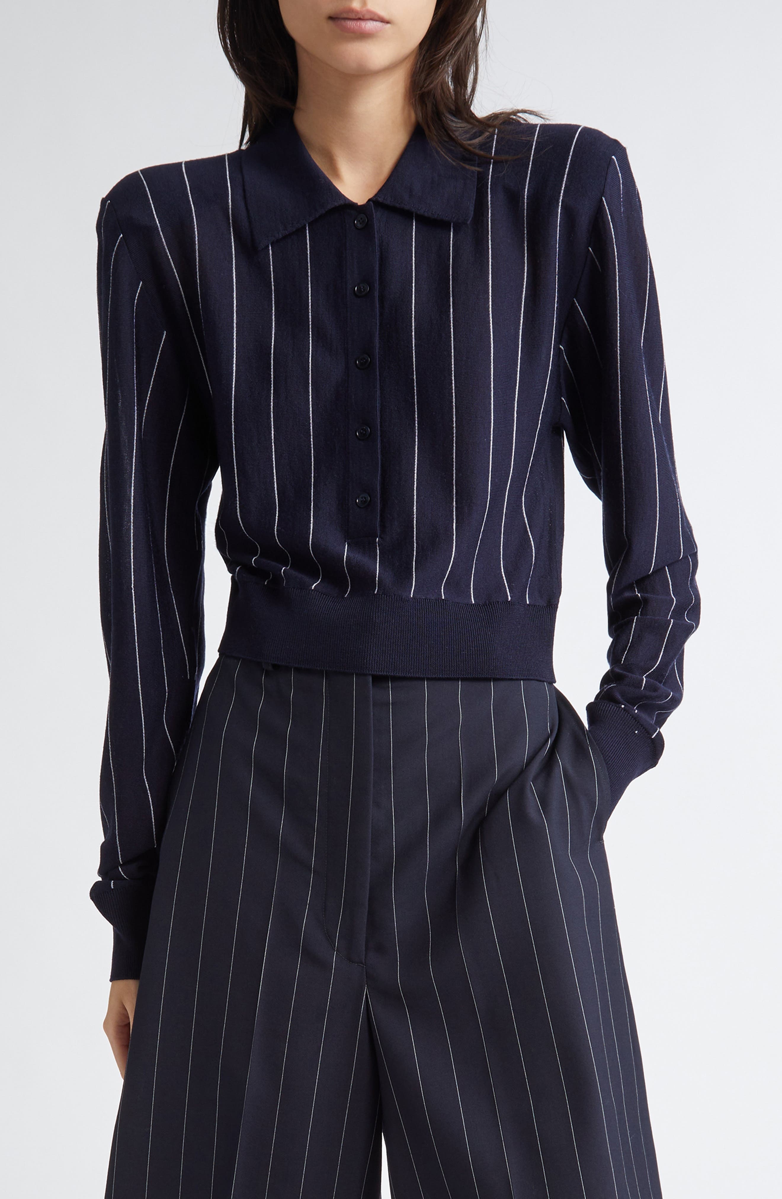 Stella McCartney Pinstripe Long Sleeve Virgin Wool Crop Polo in Ink/White at Nordstrom - 1