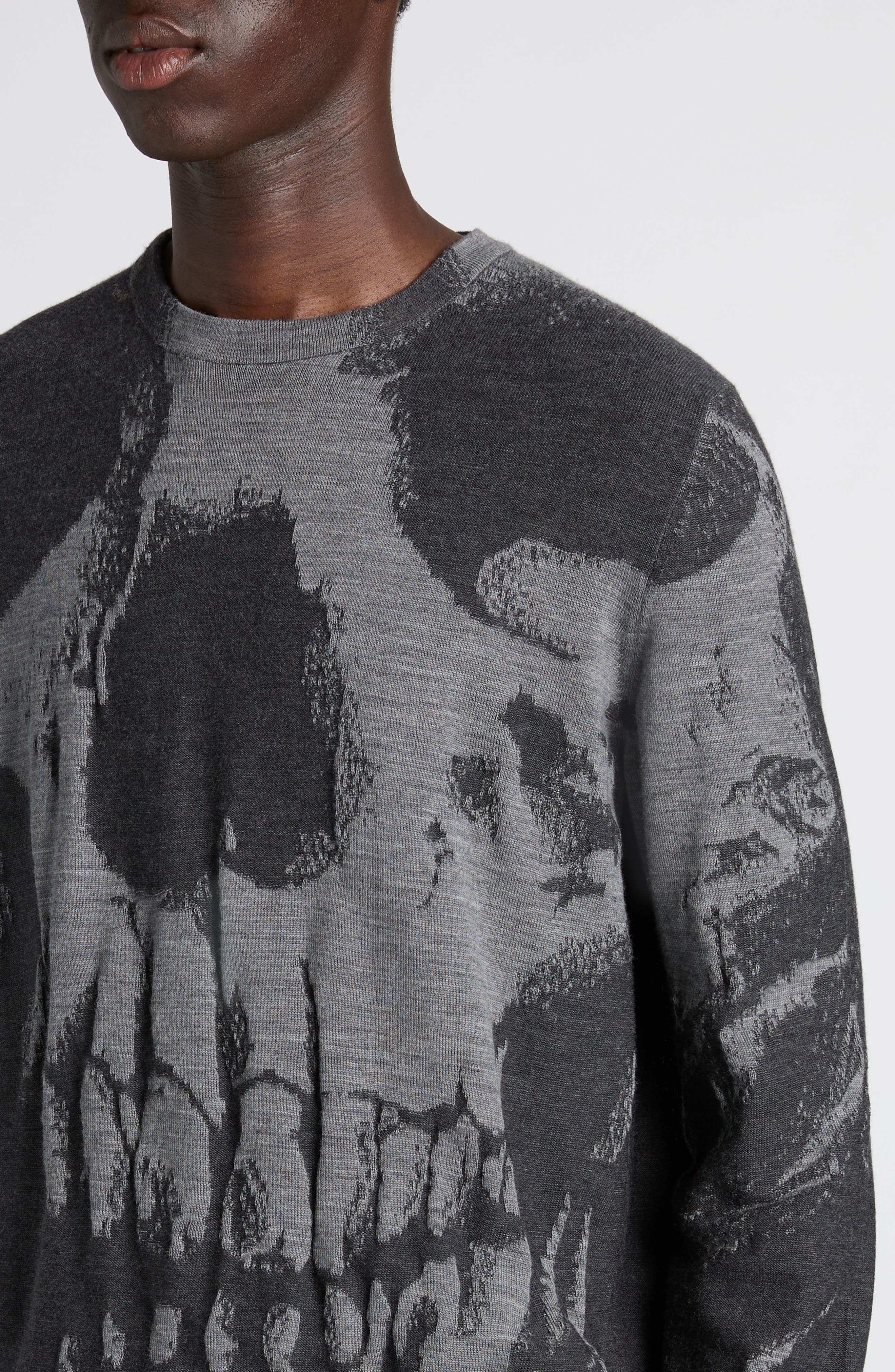 McQueen Skull Double Knit Wool Crewneck Sweater in Grey Ml/Charcoal at Nordstrom - 4