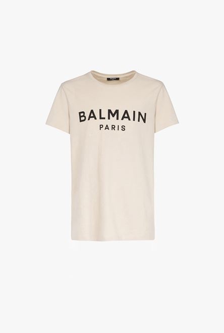 Ivory cotton T-shirt with black Balmain Paris logo print - 1