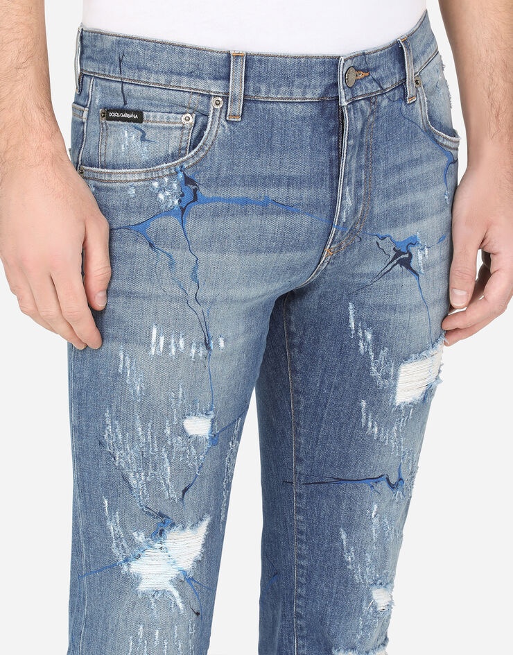 Washed blue skinny stretch jeans with rips and brushstrokes - 4