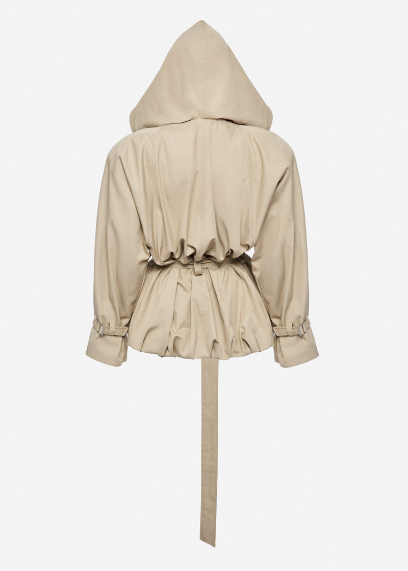 Hooded belted bubble jacket in beige 2