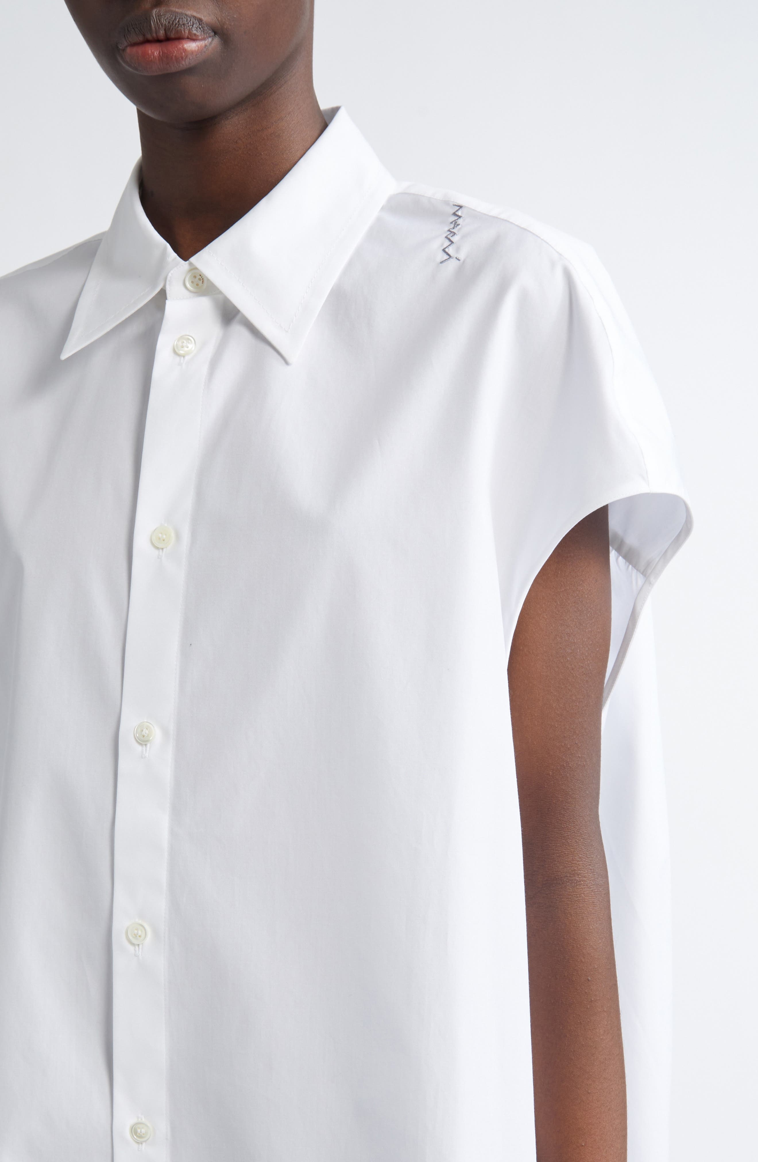 Marni Embroidered Logo Sleeveless Cotton Poplin Cocoon Shirt in Lily/White at Nordstrom - 5